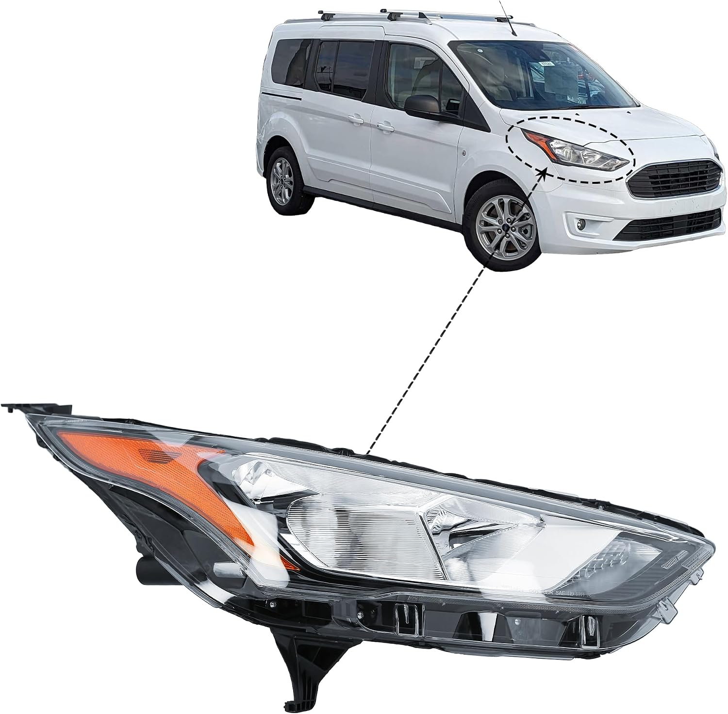 Replacement Passenger Right Side Black Trims Halogen Headlight Headlamp for Ford Transit Connect from 2019 to 2023