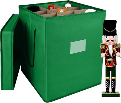 Christmas Nutcracker and Figurine Collectible Storage Box, Fits 9 Holiday Ornaments, Stores Up to 16" Tall Ornaments, Holiday Decor Organizer with Dividers, Nutcracker not IncludedGreen