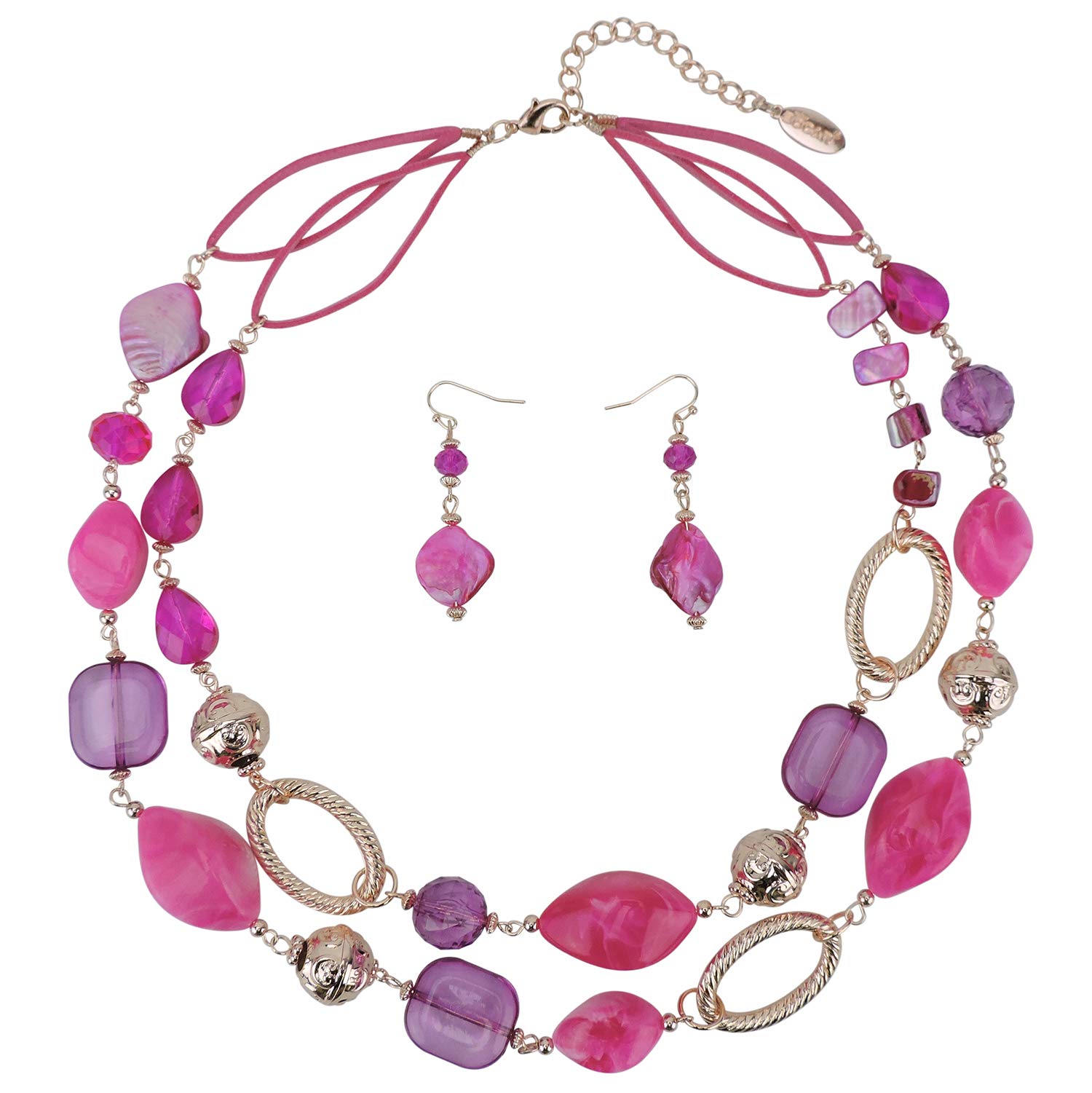 BOCAR 2 Strand Dichiarazione Choker Shell collana e orecchini set per le donne regalo (NK-10370-Fucsia viola)