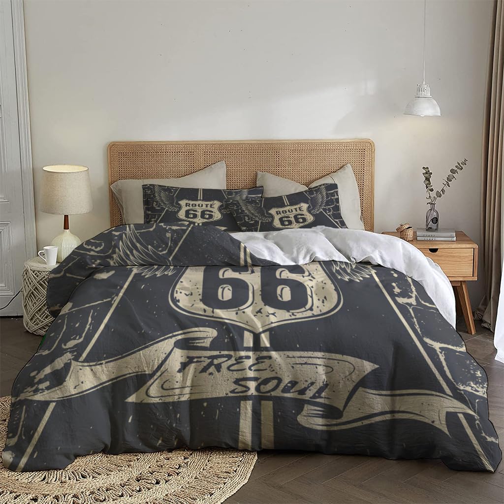 NIBAINLO 布団カバーフリーソウルルート66ハイウェイヴィンテージサイン 肌に優しい ピーチスキン加工 掛け布団カバー 和式 洋式 あったか 布団カバーセット リバーシブル ホームステイ ホテル 家庭兼用