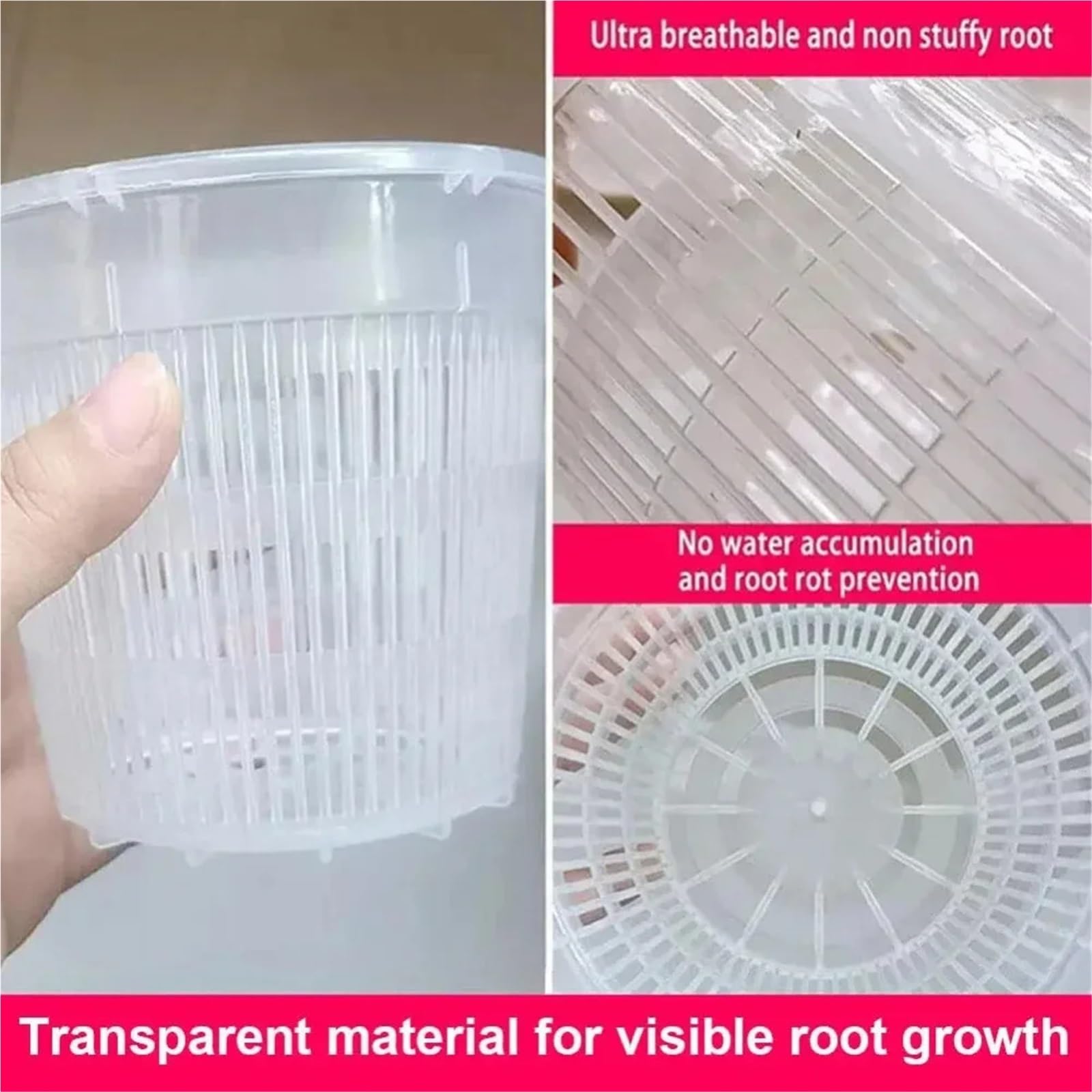 10 pezzi di vaso a rete for il controllo delle radici, trasparente con fori, fioriera traspirante fessure for la decorazione domestica, cesto fiori da giardino per Semi, Piantine(19cm,With tray)