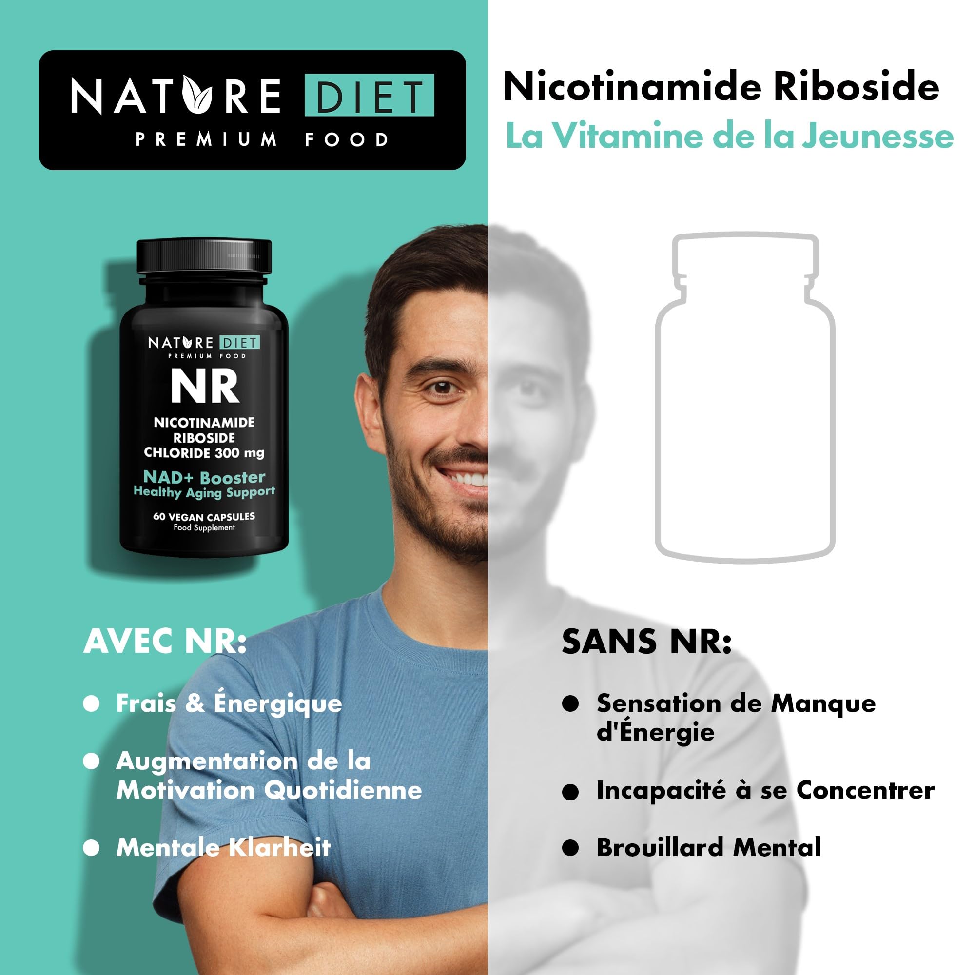 Nature Diet NR - 300 mg de Riboside de Nicotinamide - NAD+ Booster - 60 Capsules Végétaliennes - Soutien au Vieillissement Sain - La Vitamine de la Jeunesse