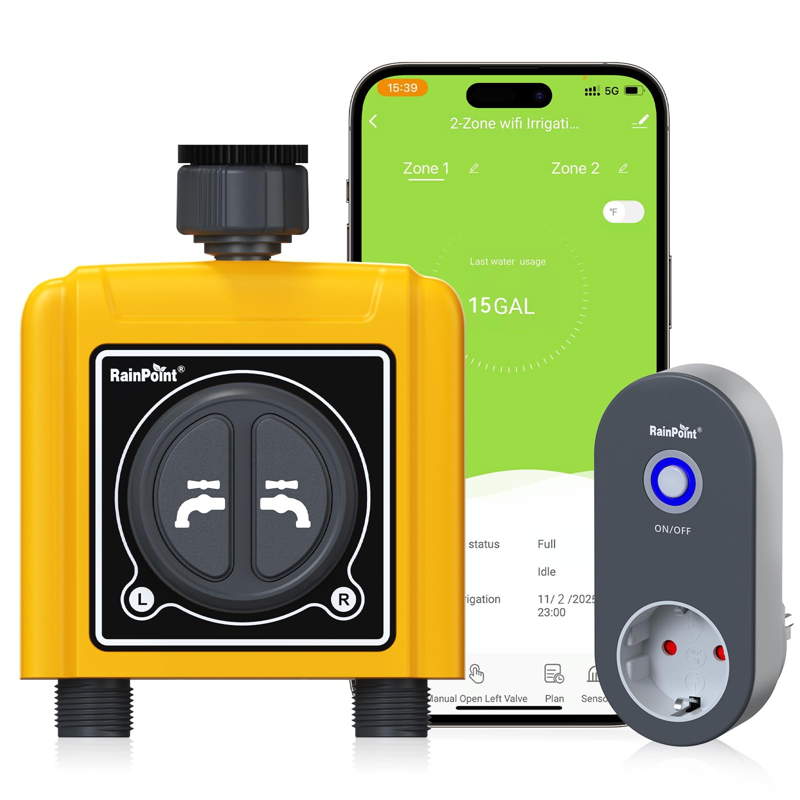 RAINPOINT Programador Riego WiFi 2 Salidas, Inteligente Temporizador Riego Automatico, App/Voz Control, Riego Basado en Clima/Humedad del Suelo, empotrar Caudalimetro Agua, para Césped Jardín