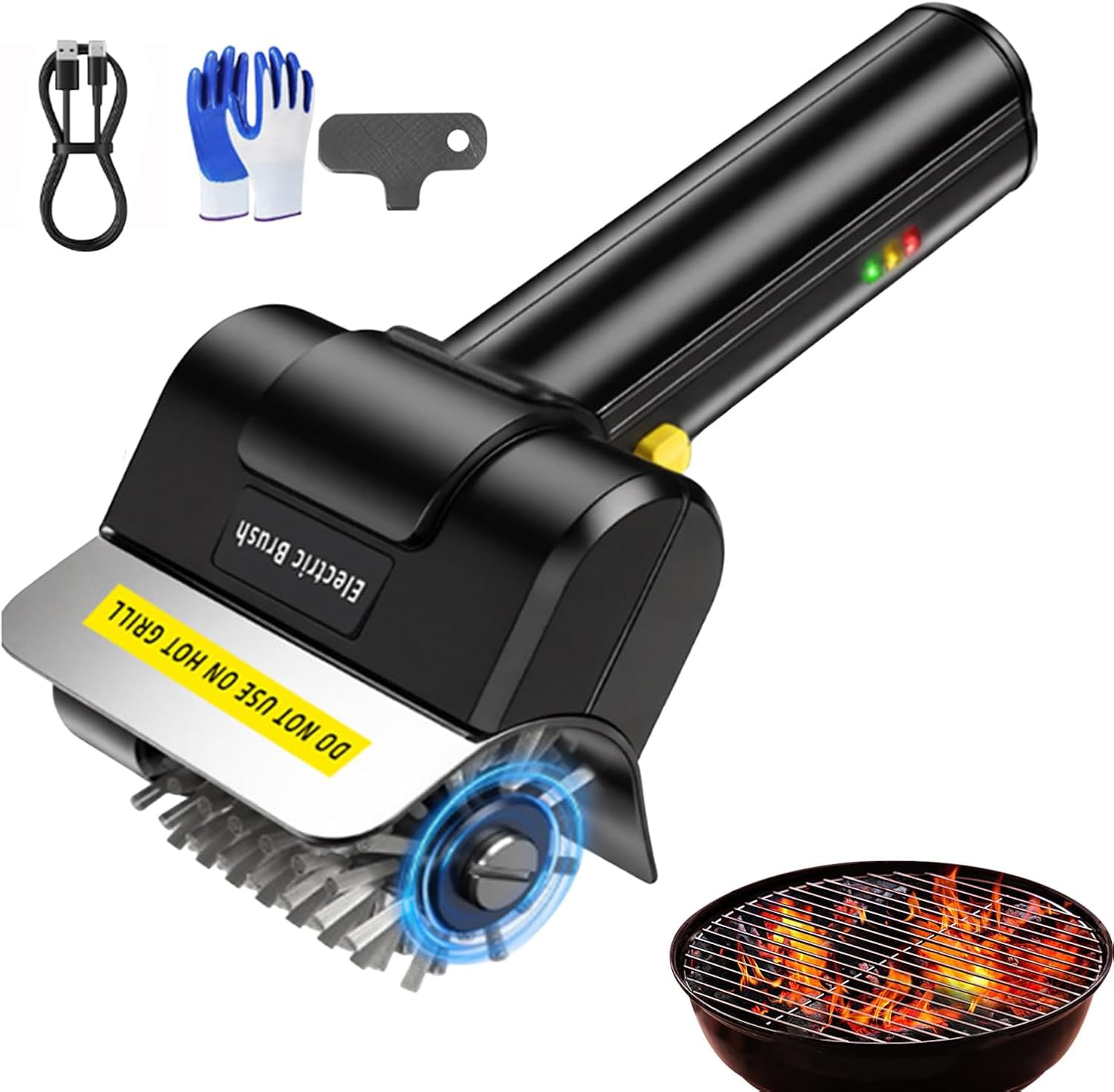 Spazzola elettrica per la pulizia della griglia, spazzola per barbecue, ricaricabile tramite USB, 1100 giri/min, setole in filo di acciaio inox, 16 cm, per griglie smaltate, in ghisa e acciaio