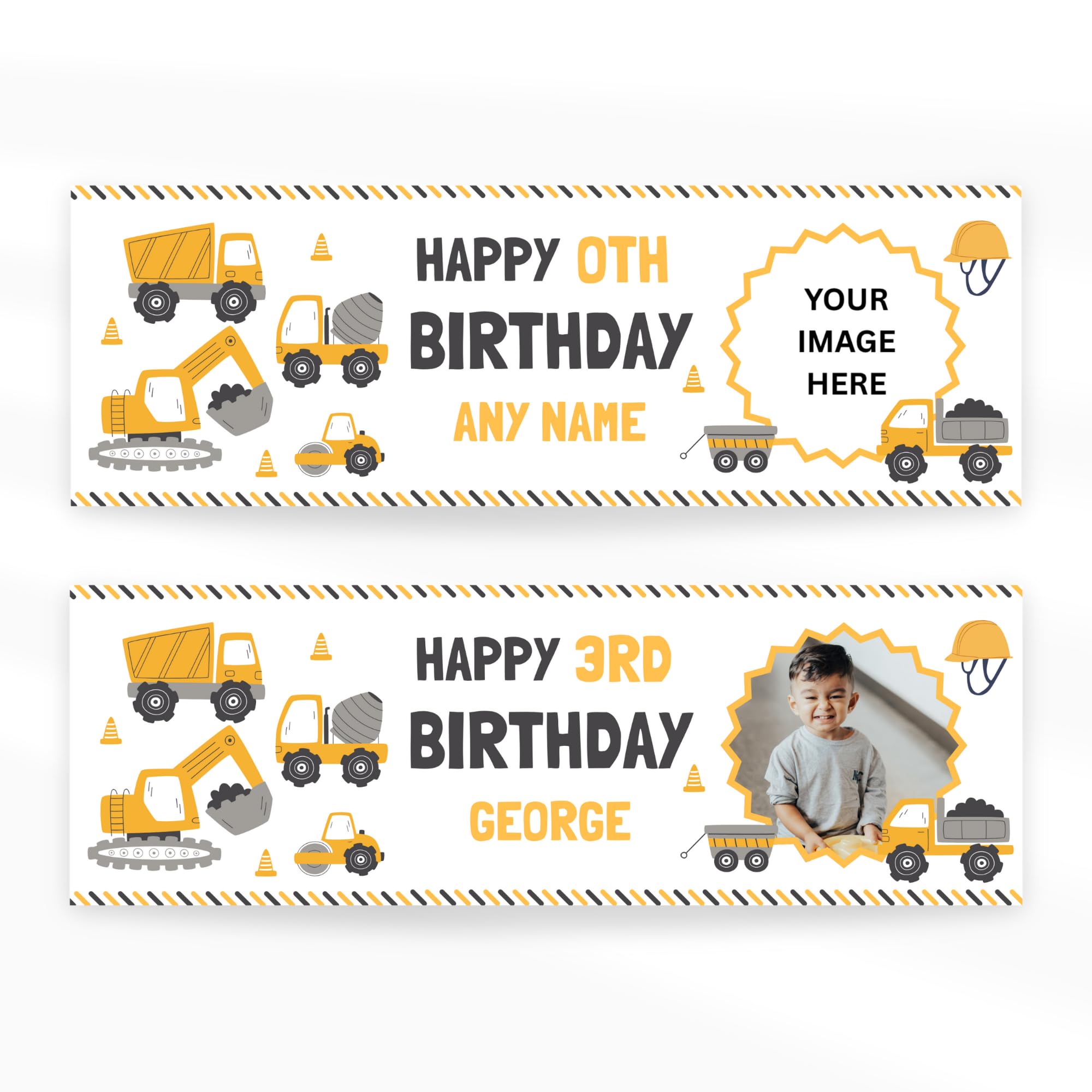 Personalised Construction Birthday Banner | Custom Name & Age, Photo | Party Decoration – Yellow Digger Theme | Party Decor