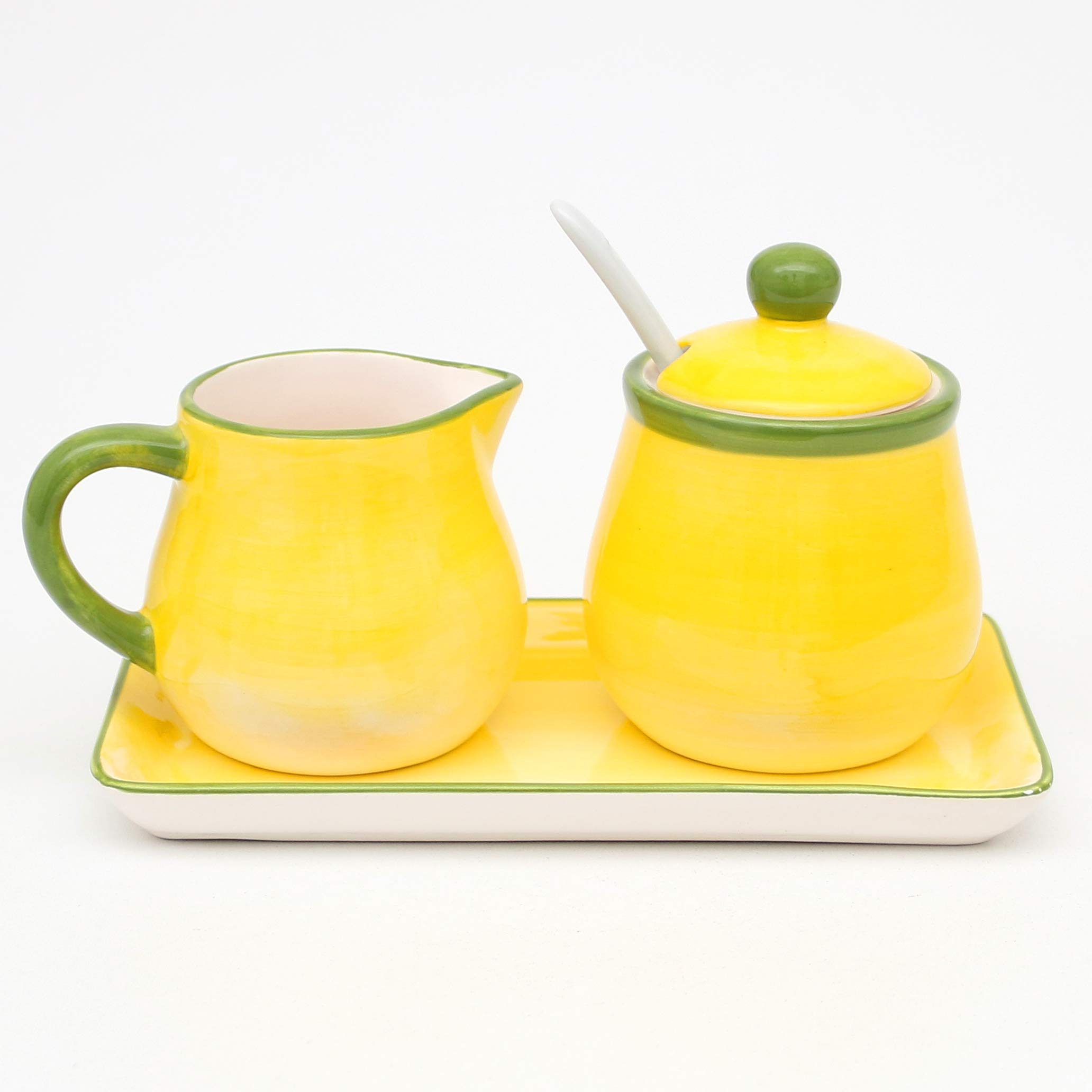 Dekohelden24 Dolomite, zuccheriera con Cucchiaio, bricco per Latte e piattino, Set da 3 Pezzi, Motivo: Girasole in Giallo/Verde, Dimensioni Circa 19 x 10,5 cm, 10