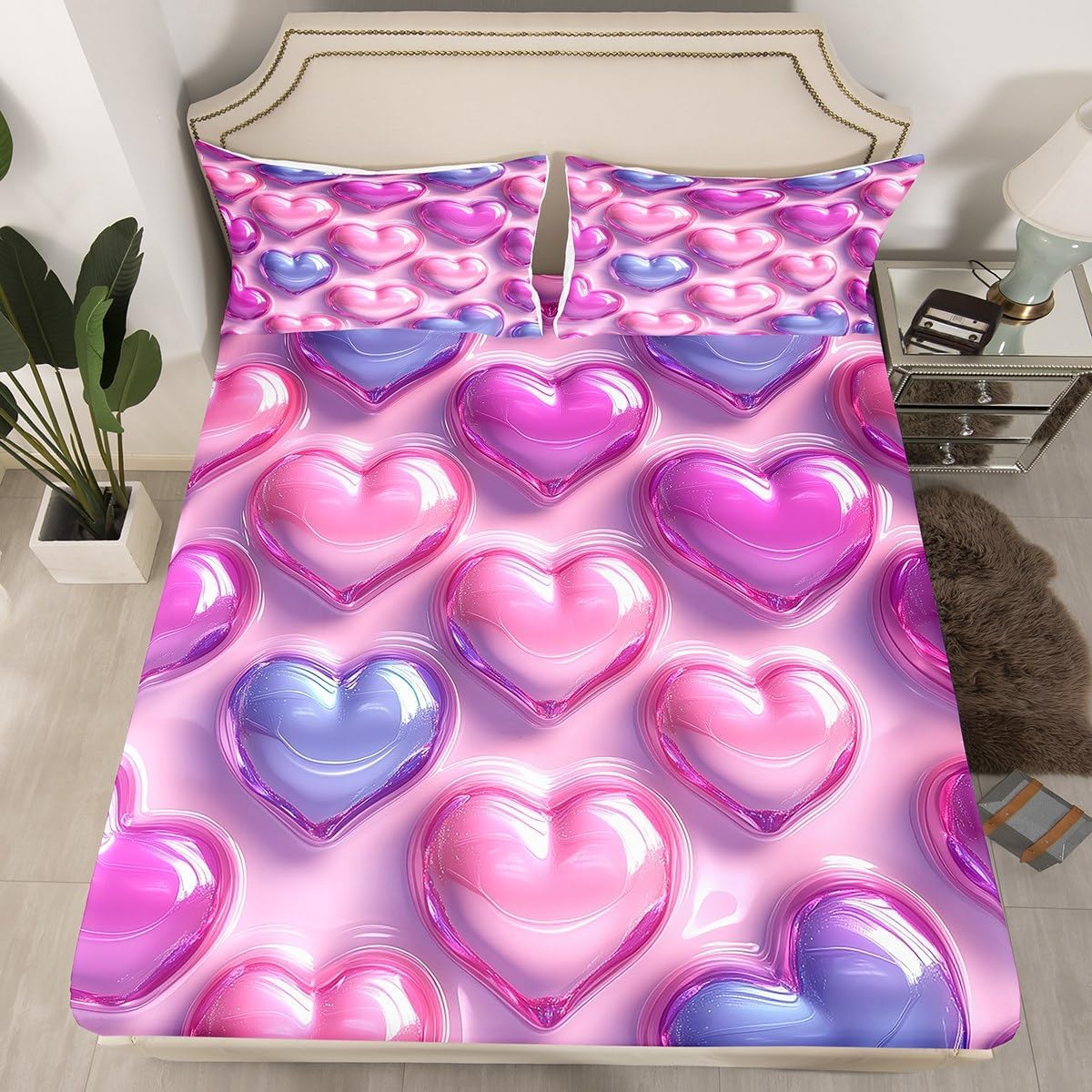 Erosebridal Love Heart Flat Fitted Sheet King Kawaii Decor Bed Set for Girls, Cute Lovely Bed Sheets Set for Kids Adult Bedroom Decor,Pink Purple Soft Microfiber Bedding Sets with 2 Pillow Cases