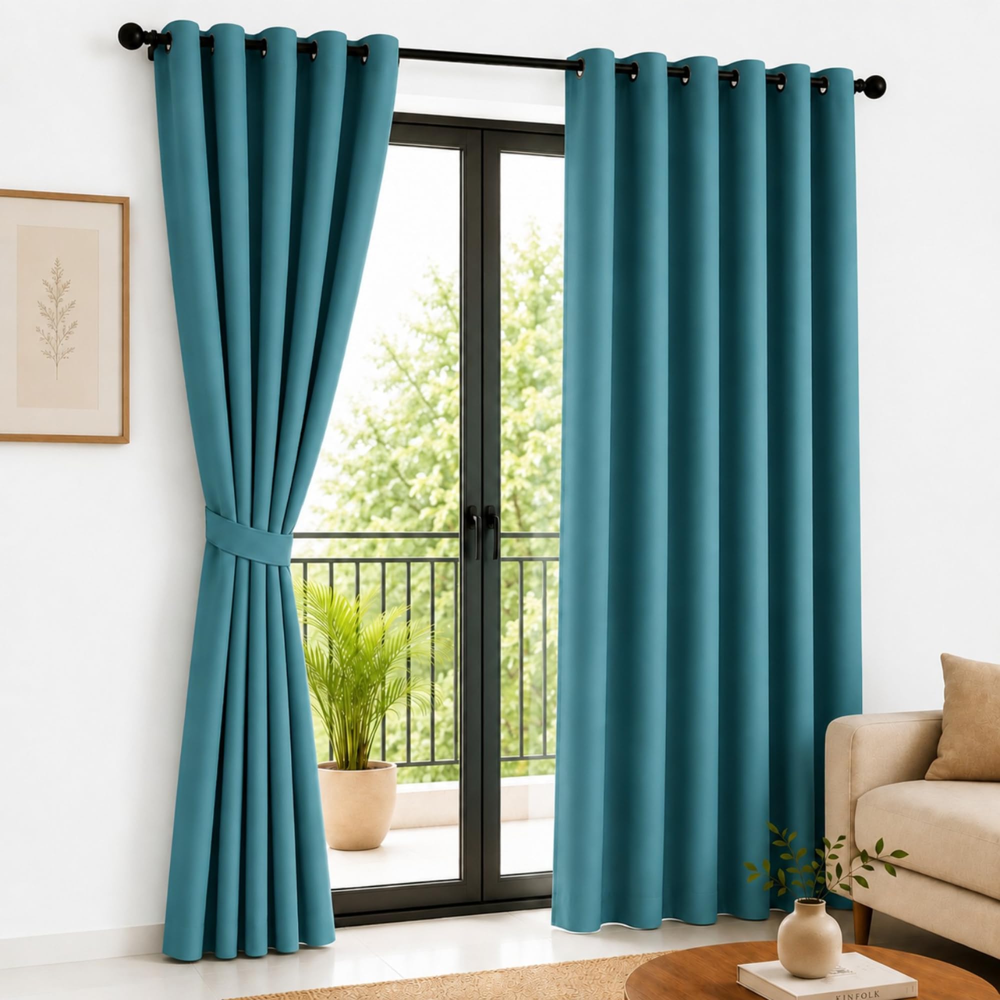 100% Blackout Door & Window Curtains | Room Darkening | Thermal Insulated & Noise Reducing | Solid Plain Design | for Bedroom & Living Room | Peacock Blue | 5 Feet | Set of 2 | 111 x 157 cm-image-0