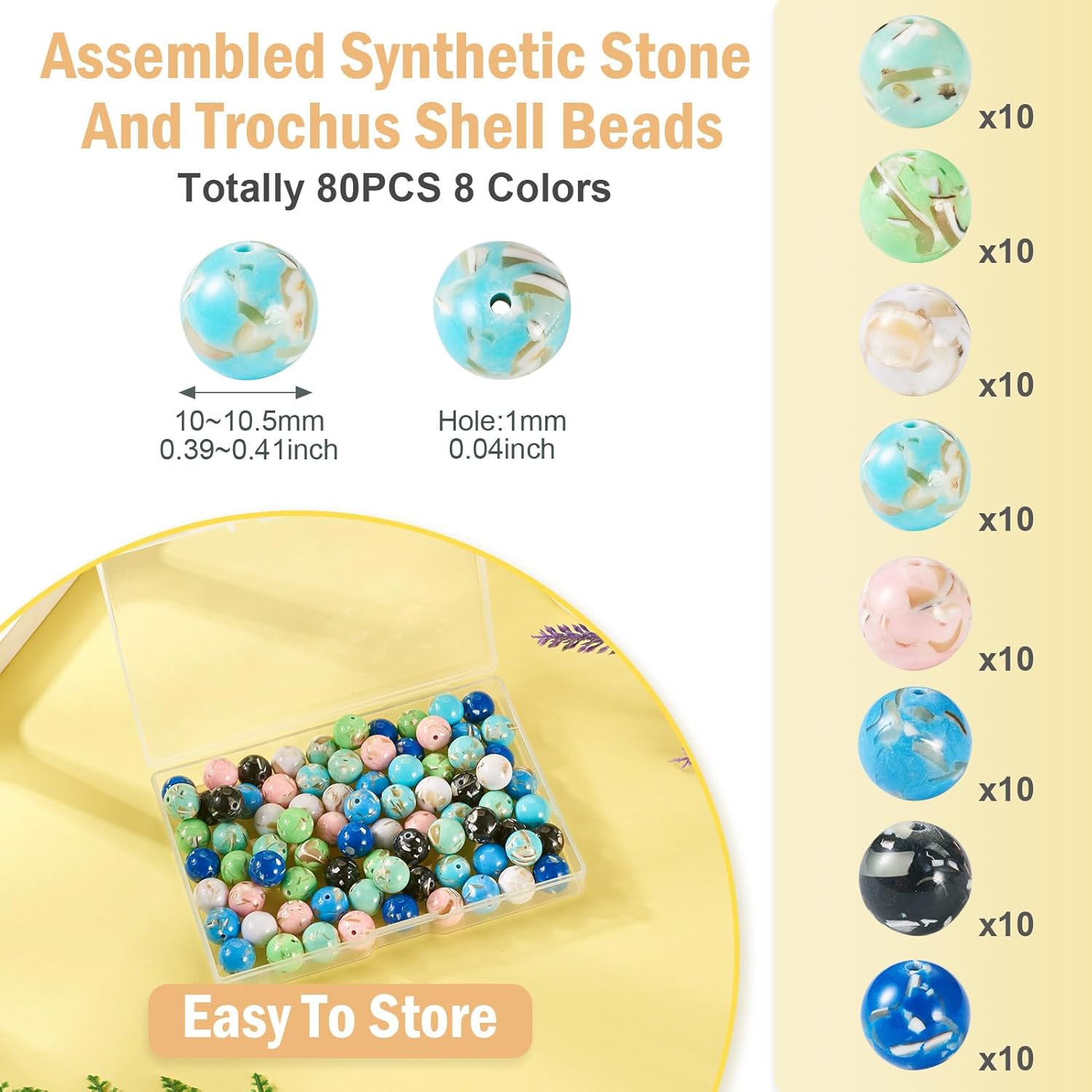 KISSITTY 80pcs 10mm Round Synthetic Gemstone Stone Beads Trochus Shell Loose Spacer Beads Bulk for Bracelet Necklace Earrings Anklets Jewelry Making DIY Crafts Gifts 8 Colors - Image 5