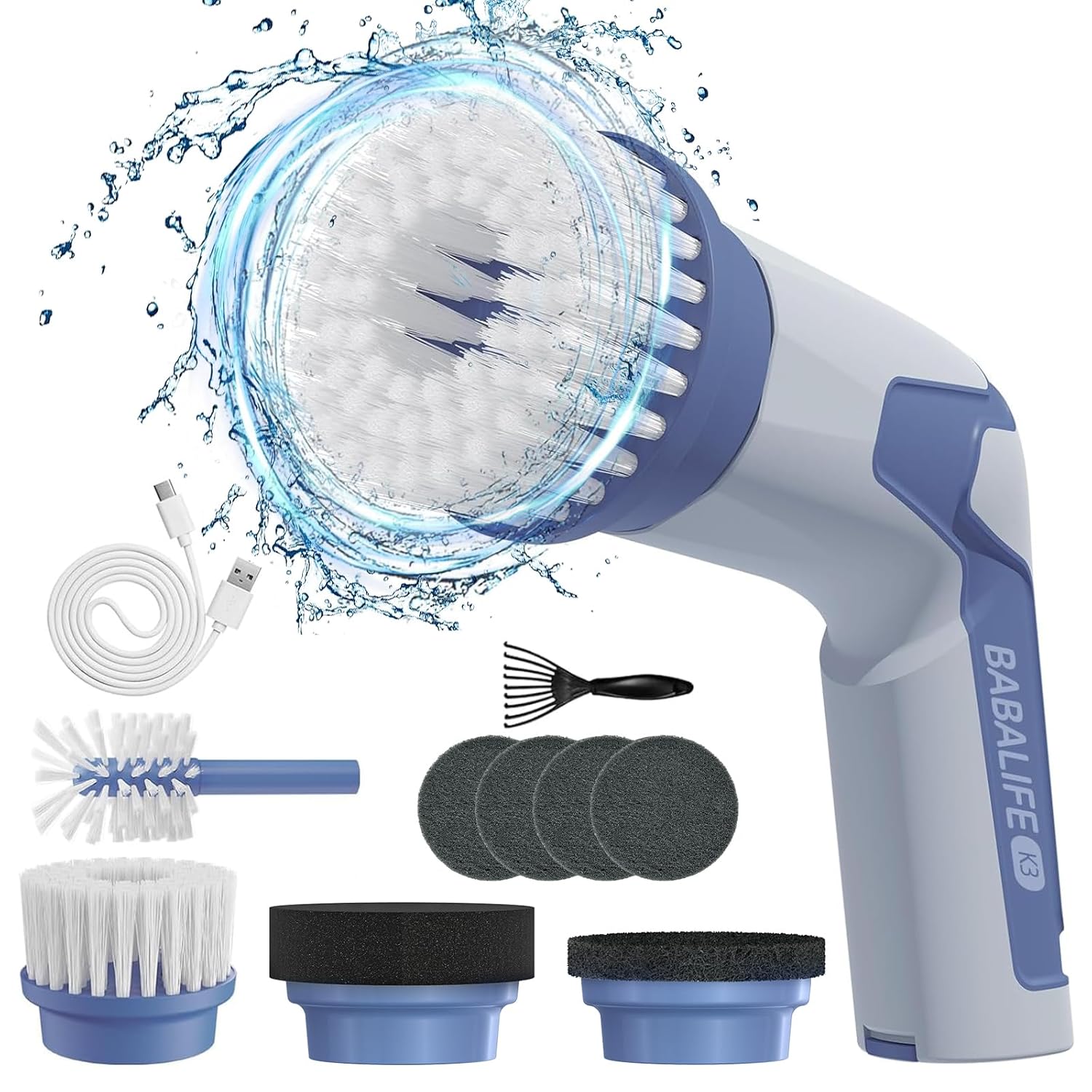 Electric Spin Scrubber Cordless Power Scrubber Electric Scrubber for Cleaning with 8 Replaceable Brush Heads K3-Blue
