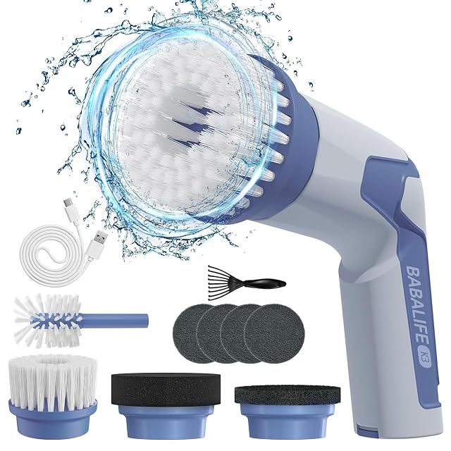 Electric Spin Scrubber Cordless Power Scrubber Electric Scrubber for Cleaning with 8 Replaceable Brush Heads K3-Blue