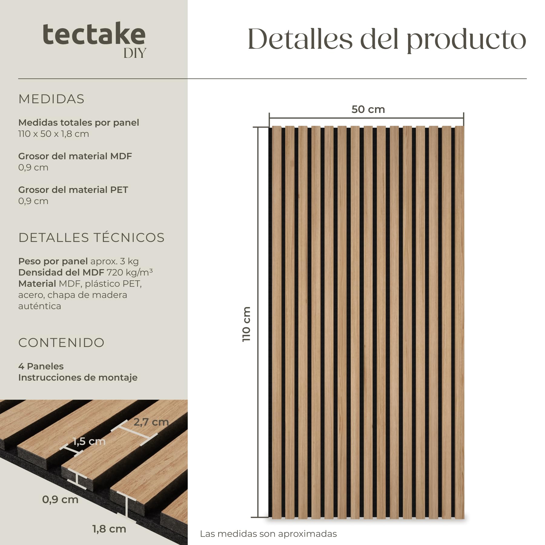tectake® Paneles de Pared Decorativos MDF, 50 x 110 x 1,8 cm, Chapa de Madera Real, Excelente Acústica, Tejido de Fieltro y Madera, Insonorización Acústica Pared - 4 Paneles Roble