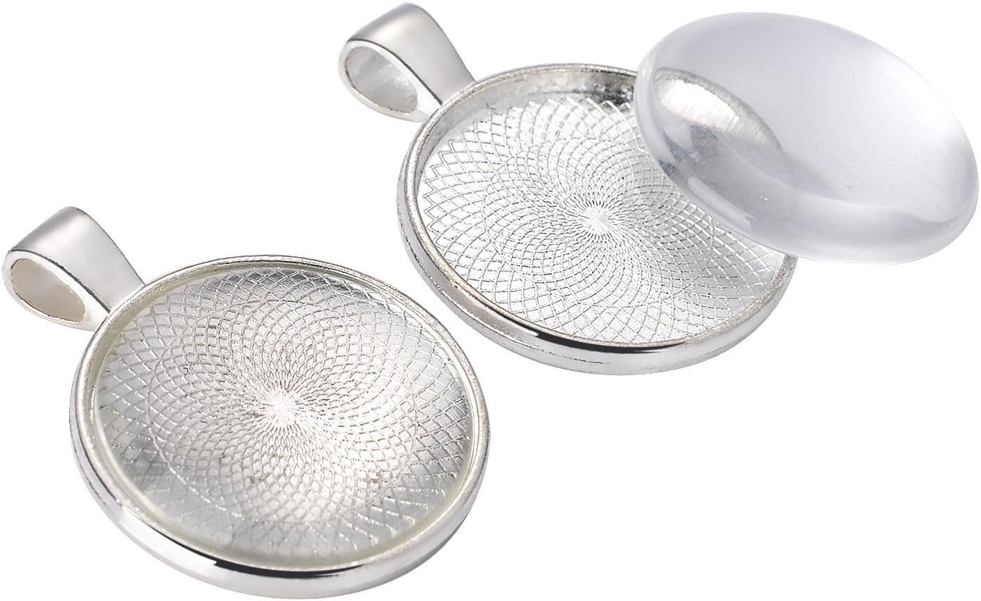 Shappy 24 Pieces 25 mm Round Glass Dome Tiles Clear Cameo with 24 Pieces Pendant Bezel Round Trays (Silver and Clear)