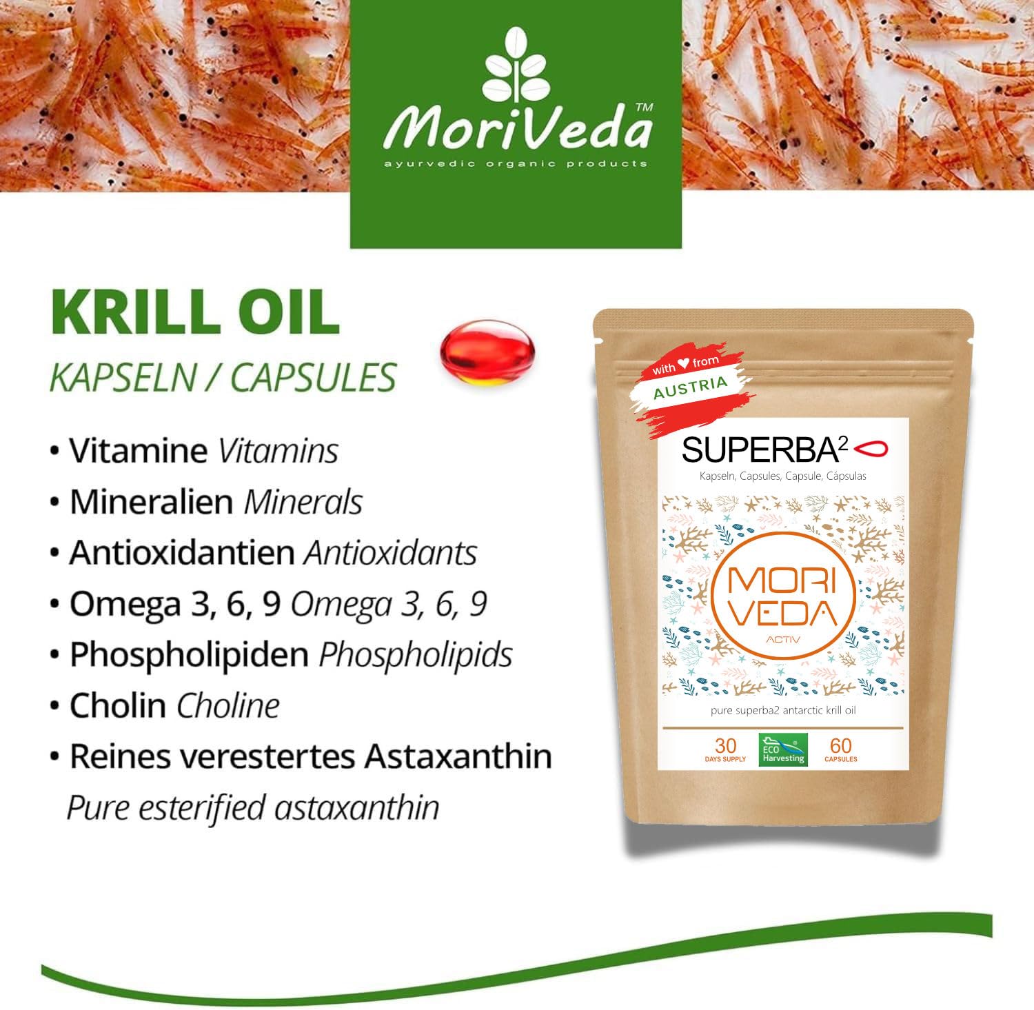 MoriVeda Superba Premium Krillöl, Softgel Caps, mit revolutionärem Omega 3 Öl, verestertem Astaxanthin, Antioxidantien und Vitaminen, MSC-zertifiziert & nachhaltig, 180 Stück