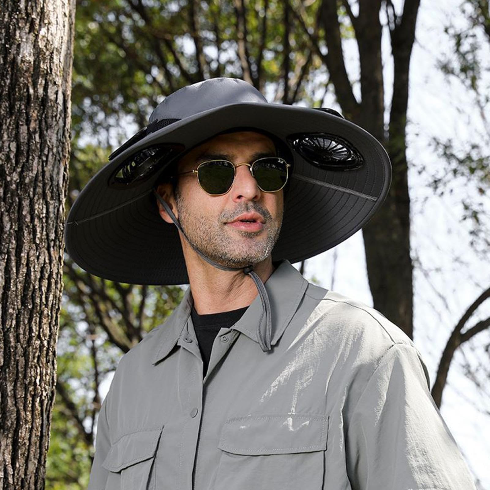 Cappello da sole a tesa larga – Cappello da sole a tesa larga con 2 ventole solari, protezione UV, berretto da pesca con ventilatore solare per uomini e donne | Cappello da sole per escursionismo