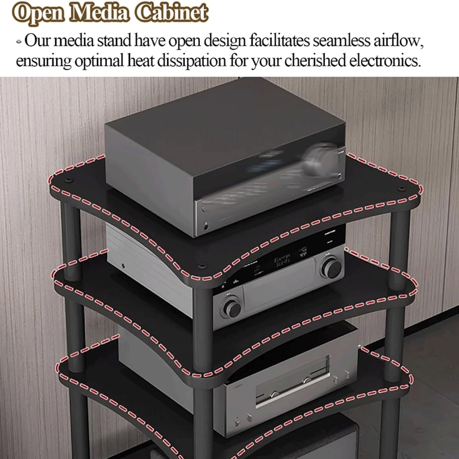 Rack audio a 4 livelli aperto AV Cabinet Stereo Equipment Shelf Audio-Video Storage finitura marrone ideale per Home Theater & Music Setup