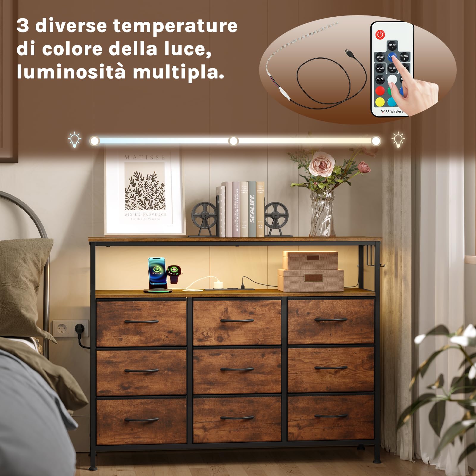 WOLTU Comò 9 Cassetti in Tessuto, Mobile Contenitore | con Multipresa e Illuminazione LED, 3 Ganci Laterali, Struttura in Metallo, 110x30x83,5 cm, Marrone Rustico + Nero