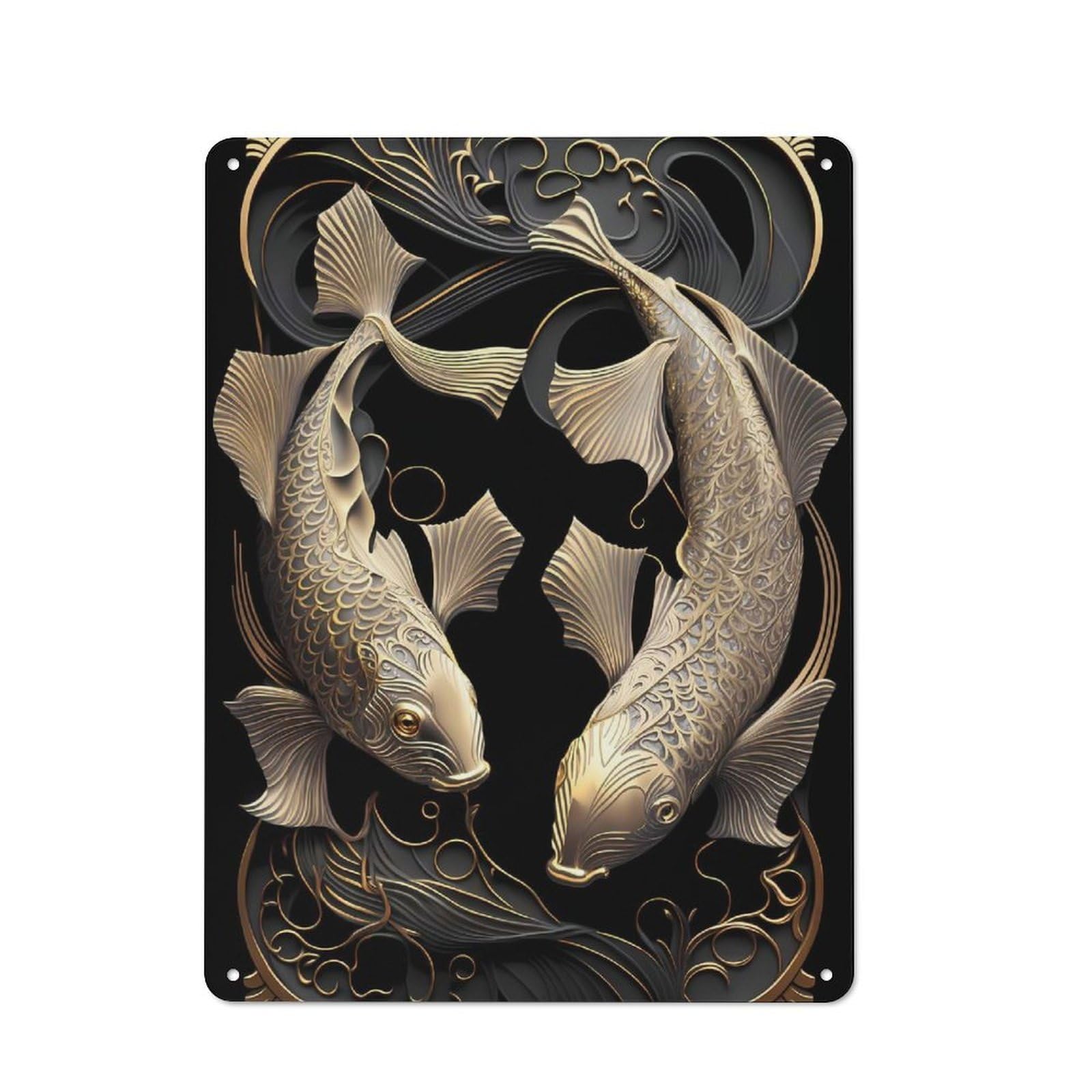 Junmoney Style-3 Vintage Tin Sign 40X30cm With Golden Couple Koi Fish For Hobby Room Or Studio, For Metal Sign Collectors, For Garage And Workshop Walls