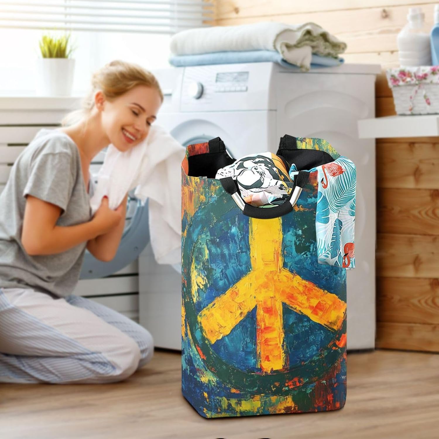 AIXIWAWA Peace Sign Painting Laundry Basket Hamper 1 Pack, Collapsible Clothes Holder Dorm Home Laundry Bag with Handles
