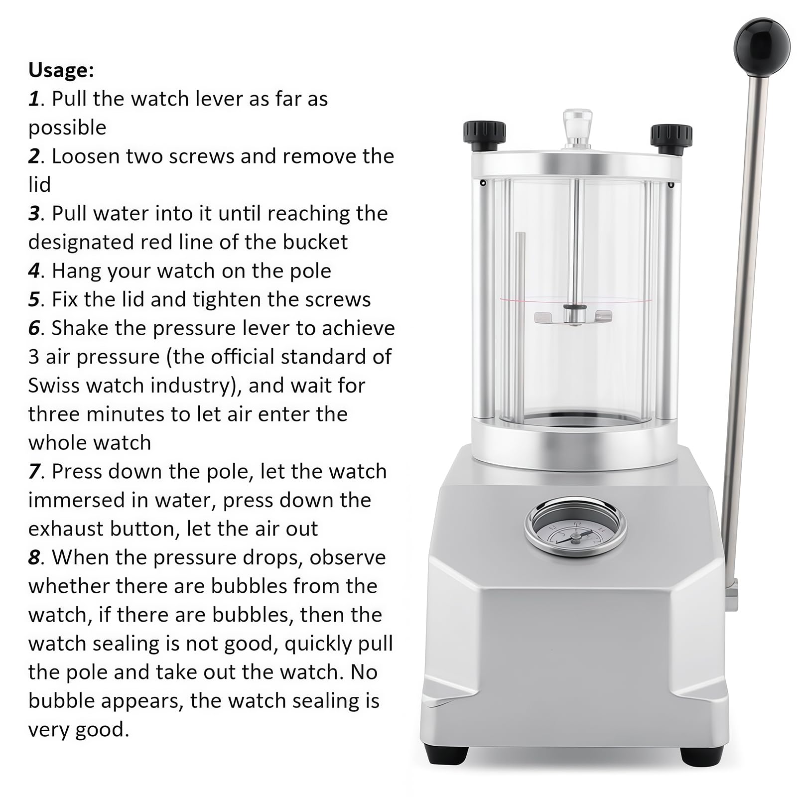 Probador impermeable de reloj de doble cámara, rango de presión de 0,3 a 6,0 bar, diámetro máximo de 65 mm para herramientas de reparación de relojes