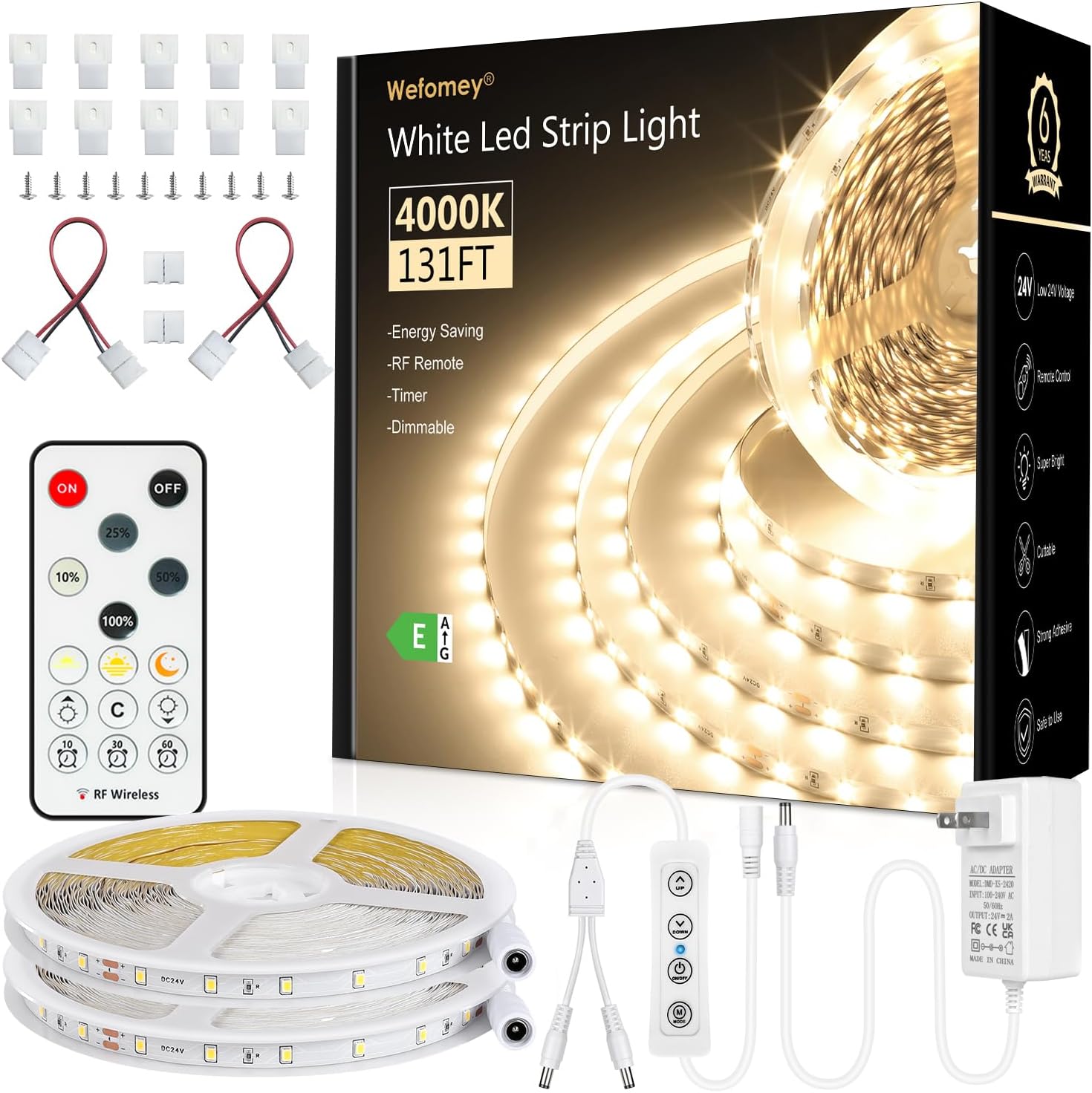 Wefomey White LED Strip Lights, 131ft Dimmable 24V LED Lights Strip 4000K Bright Natural White, Flexible Tape Lights for Bedrooms, Kitchen, Cabinet, Christmas Decor, 2 Rolls of 65.6ft