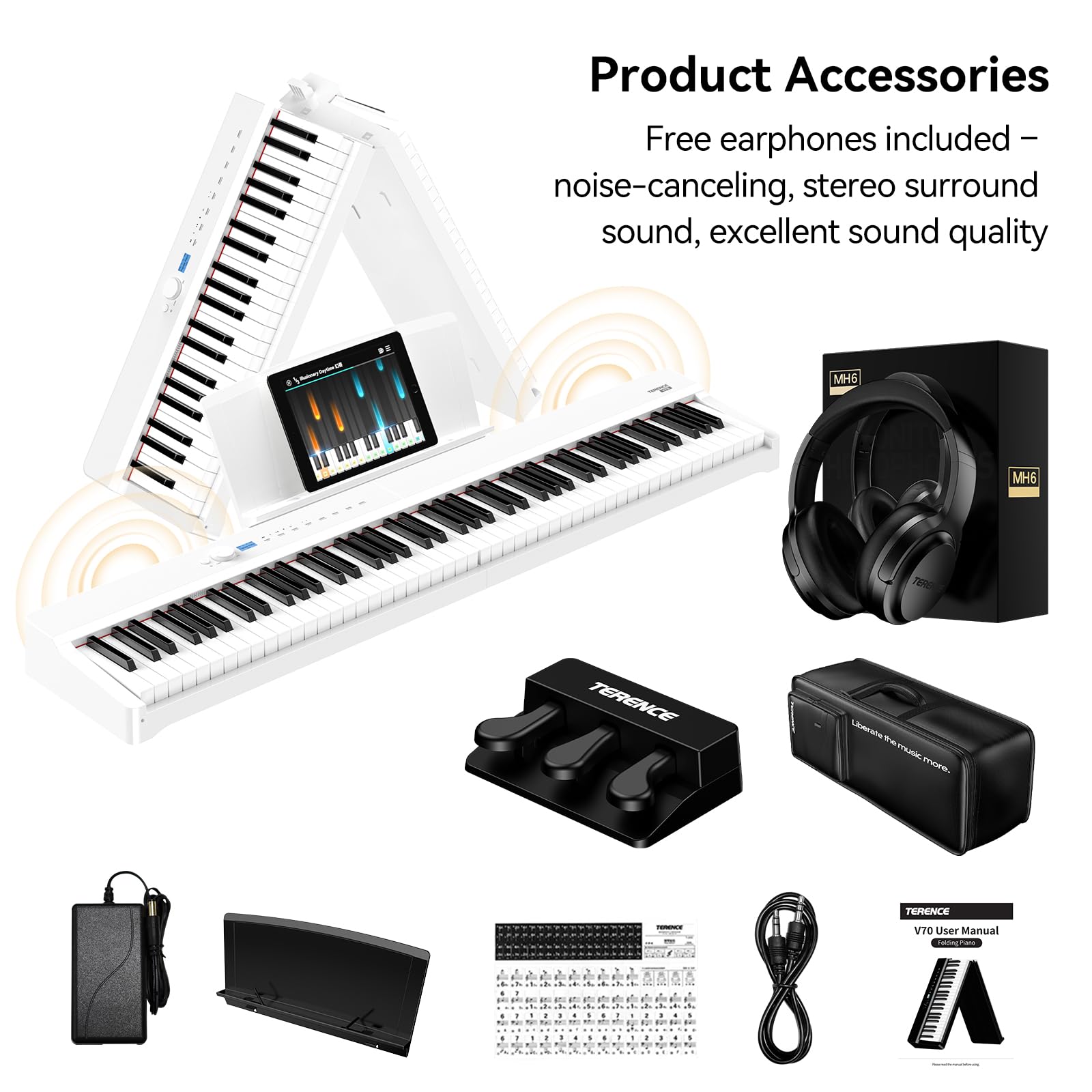 TERENCE V70 Pianoforte Digitale 88 Tasti Pesati – Tastiera Musicale con 4 Altoparlanti 20W×2+5W×2 –Custodia Cuffie in Omaggio – Pianoforte Elettrico per Esami e Studio –Bianco