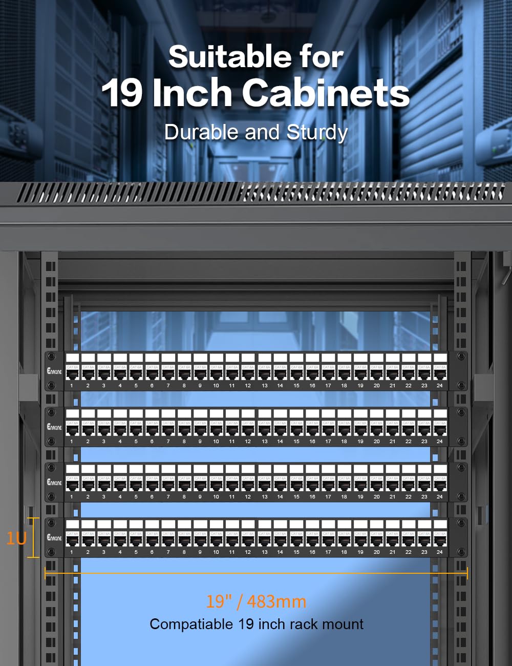 Panneau de brassage 24 ports Cat6A Keystone Panneau de brassage réseau avec câble intelligent (pas d'attache de câble nécessaire) Gestion pour montage en rack de 48,3 cm (blindé)