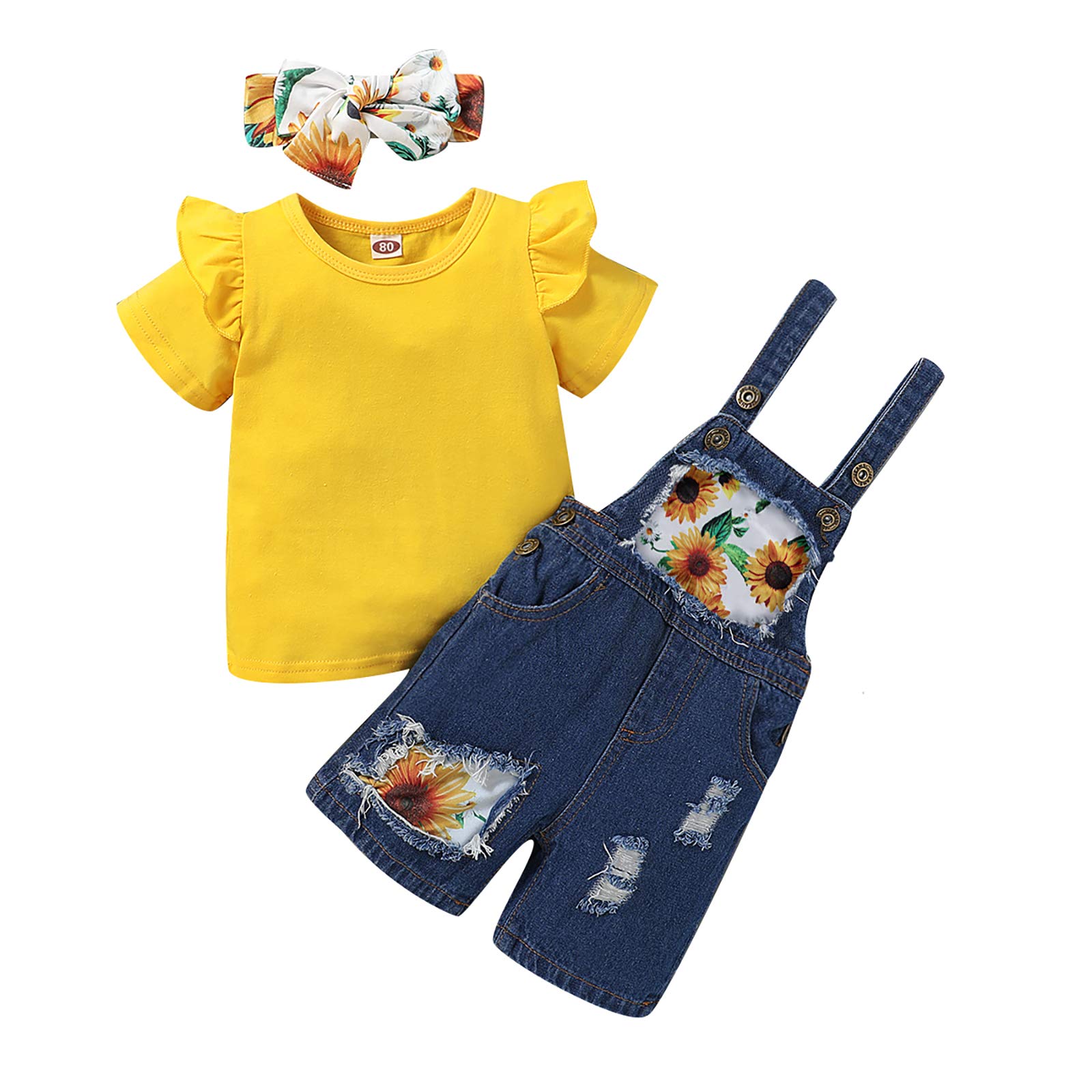 Geagodelia Infant Toddler Little Baby Girl Sunflower Clothes Set Outfit Short Sleeve T-Shirt + Denim Overall Jeans + Headband