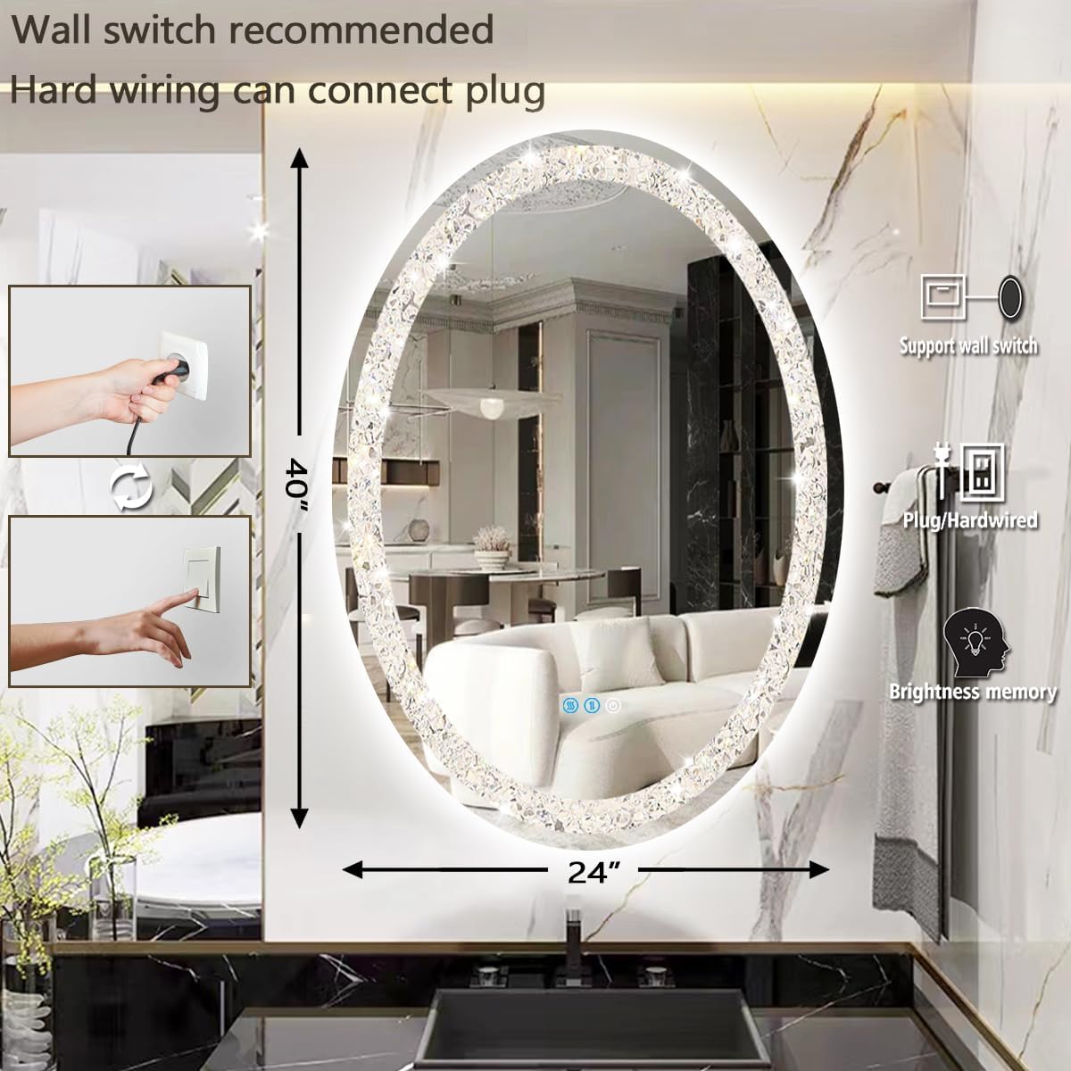 THEKLA 24 x 40 Inch Crystal Oval Lighted Vanity Mirror with Lights Anti-Fog Smart Memory 3 Color Adjustable Brightness Frontlight 40" Diamond Crystal Oval LED Mirror for Bathroom Salon Wall Mounted