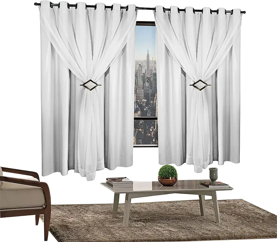 Cortina Corta Luz 2,00m X 1,80m 100% Blackout Com Voil Branco Para Sala Ou Quarto Varão Simples