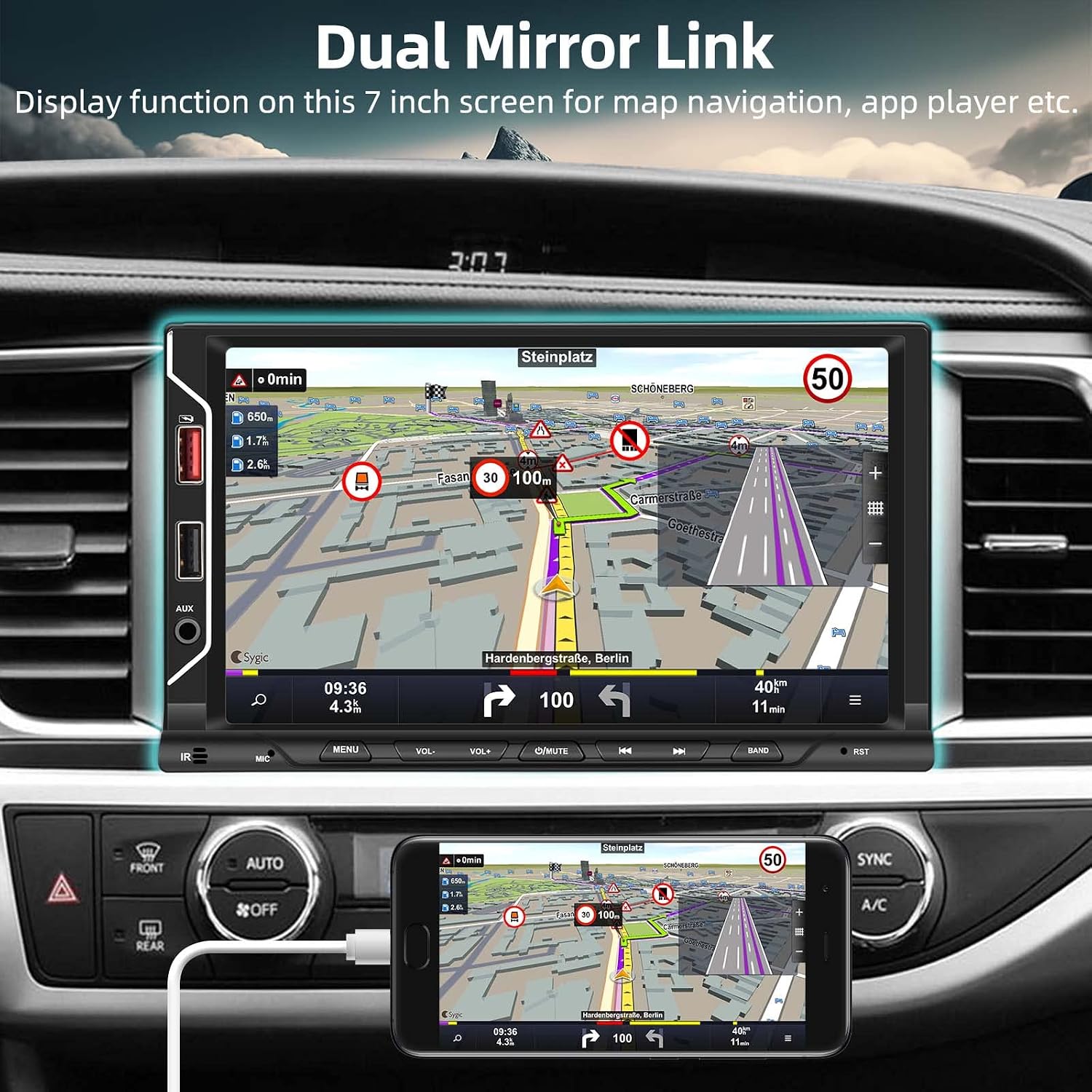 Car stereo displaying a navigation map via Mirror Link, with a smartphone connected via USB.