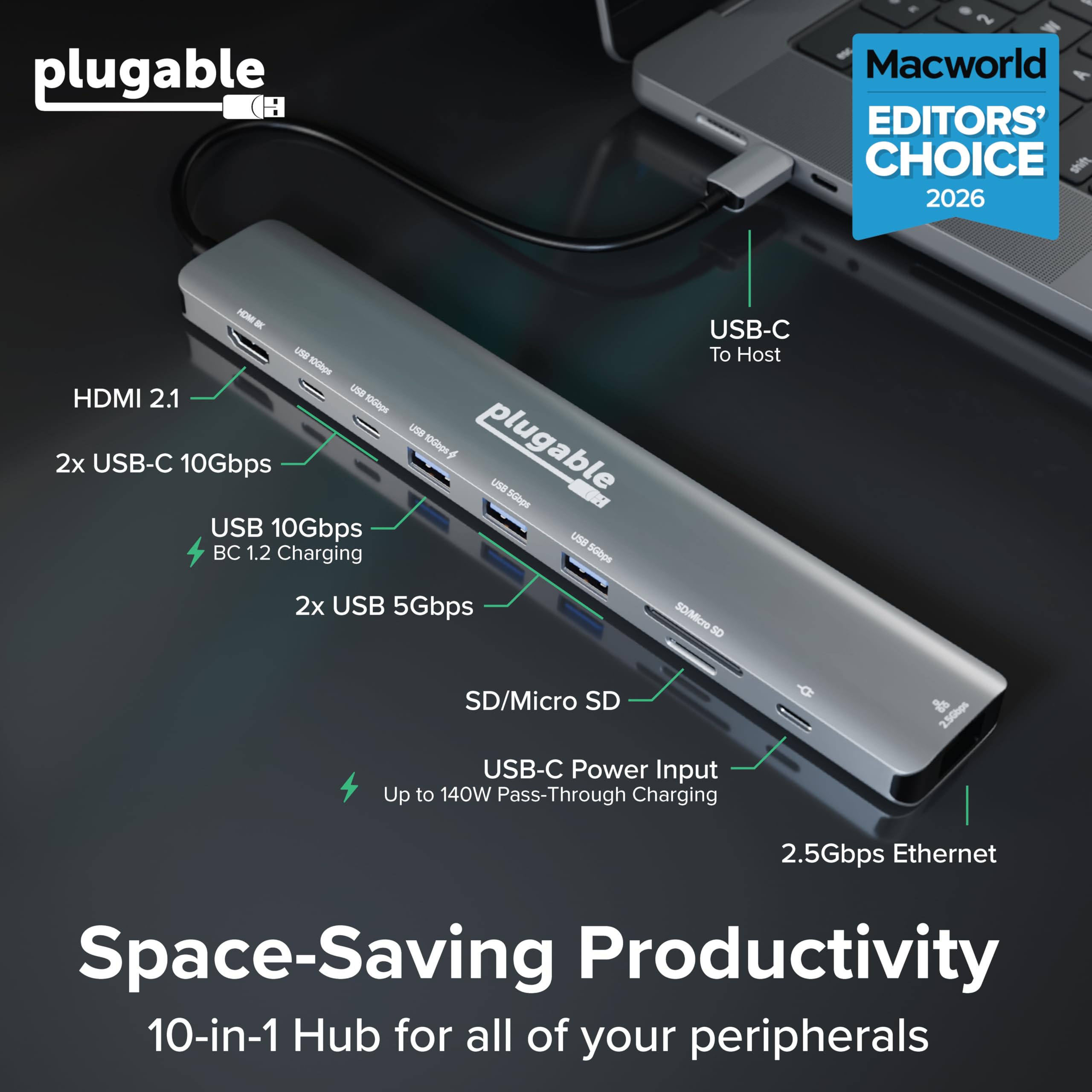 Plugable Hub USB C: adattatore multiporta 10-in-1 (8K/4K 144Hz HDMI 2.1, 2.5G Ethernet, ricarica 140W, dati 10Gbps) distribuzione IT senza driver per MacBook Pro/Air Windows Thunderbolt Chromebook