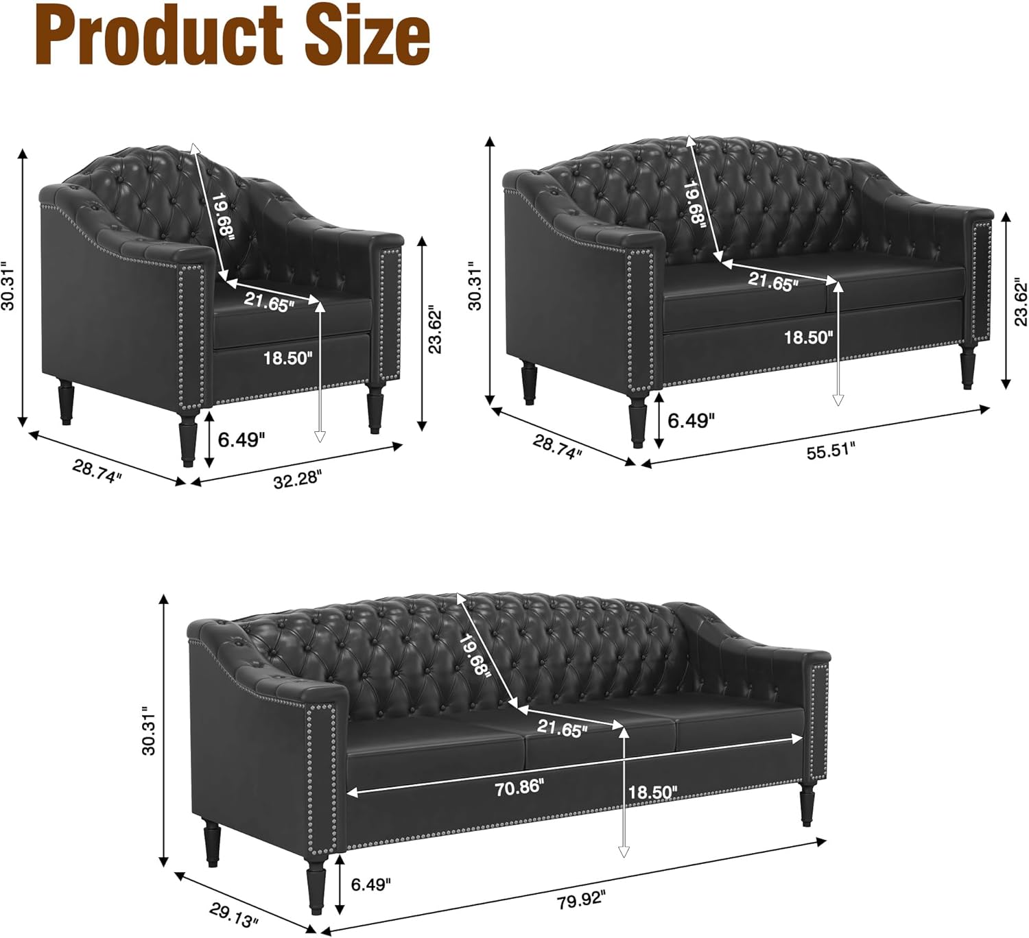AVZEAR 3-Piece Living Room Sofa Set, Chesterfield Sofa Mid-Century Modern PU Sofa, Upholstered Couch with Nailhead Trim and Button Tufted for Living Room, Office, Bedroom (1+2+3 Seat Black)