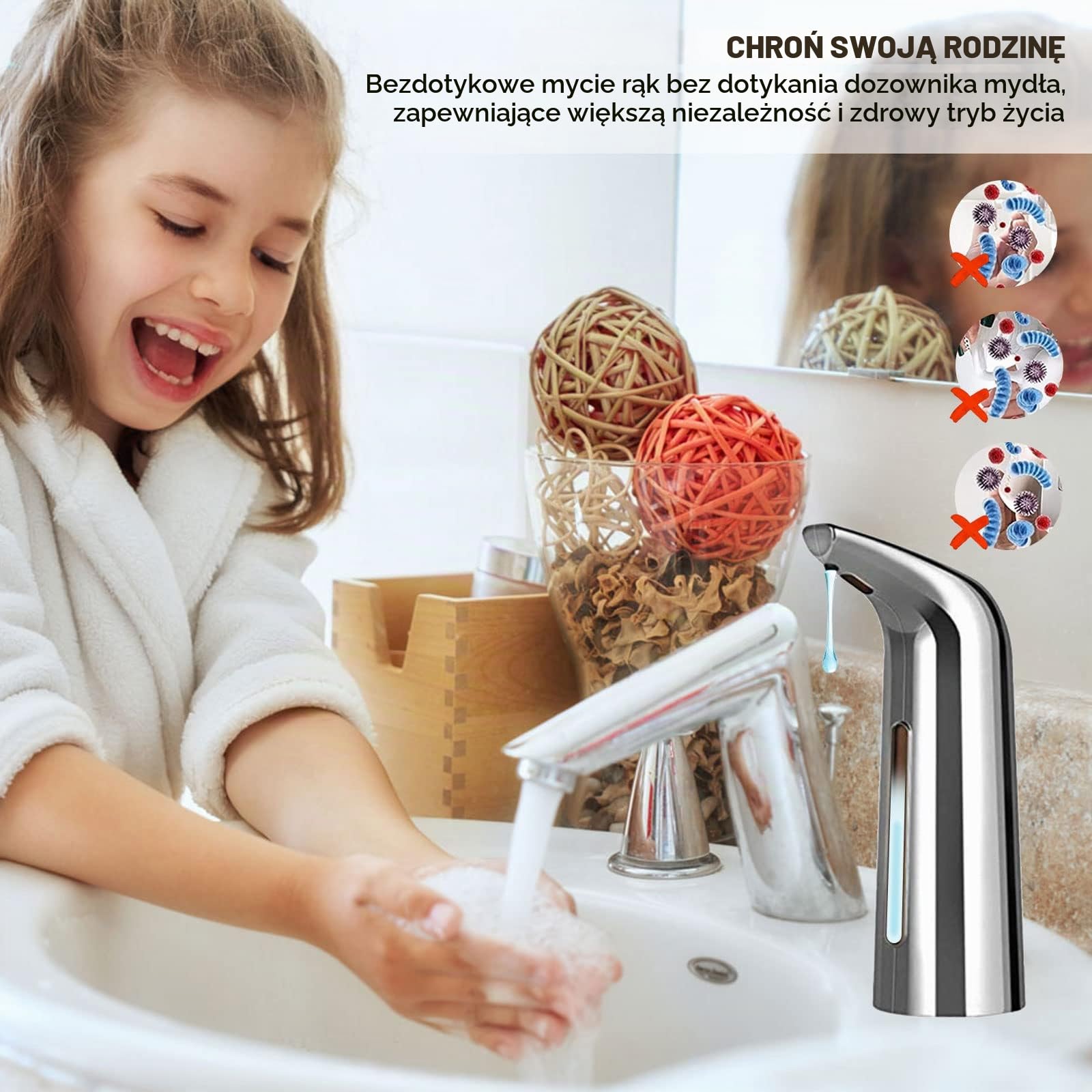 Automatyczny Dozownik Mydła, 400 ml, Niekontaktowy, Elektryczny z Czujnikiem, do Mydła Piankowego, do Kuchni, Łazienki