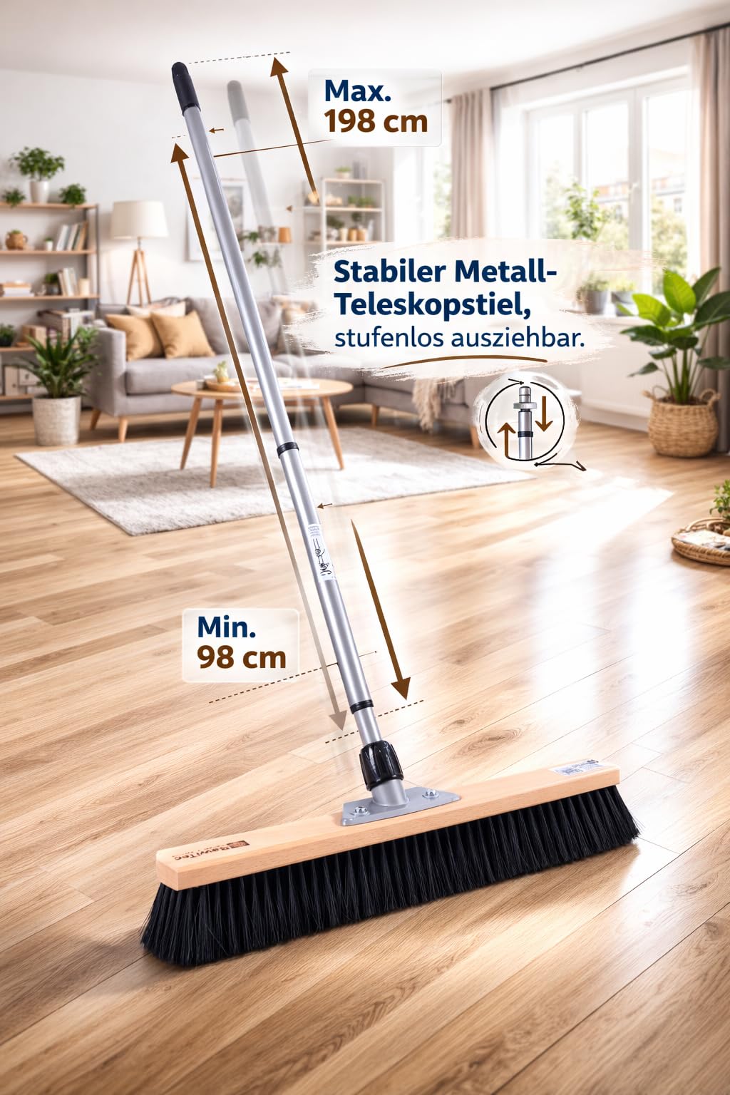 Profi Saalbesen 60cm Breit mit Teleskopstiel Stiel weiche Borsten Besen | 60cm breit, Weiche schwarze Kunsthaar-Borsten, Buchenholz, Verstellbar ausziehbar, Für Haushalt Büro Lager Werkstatt