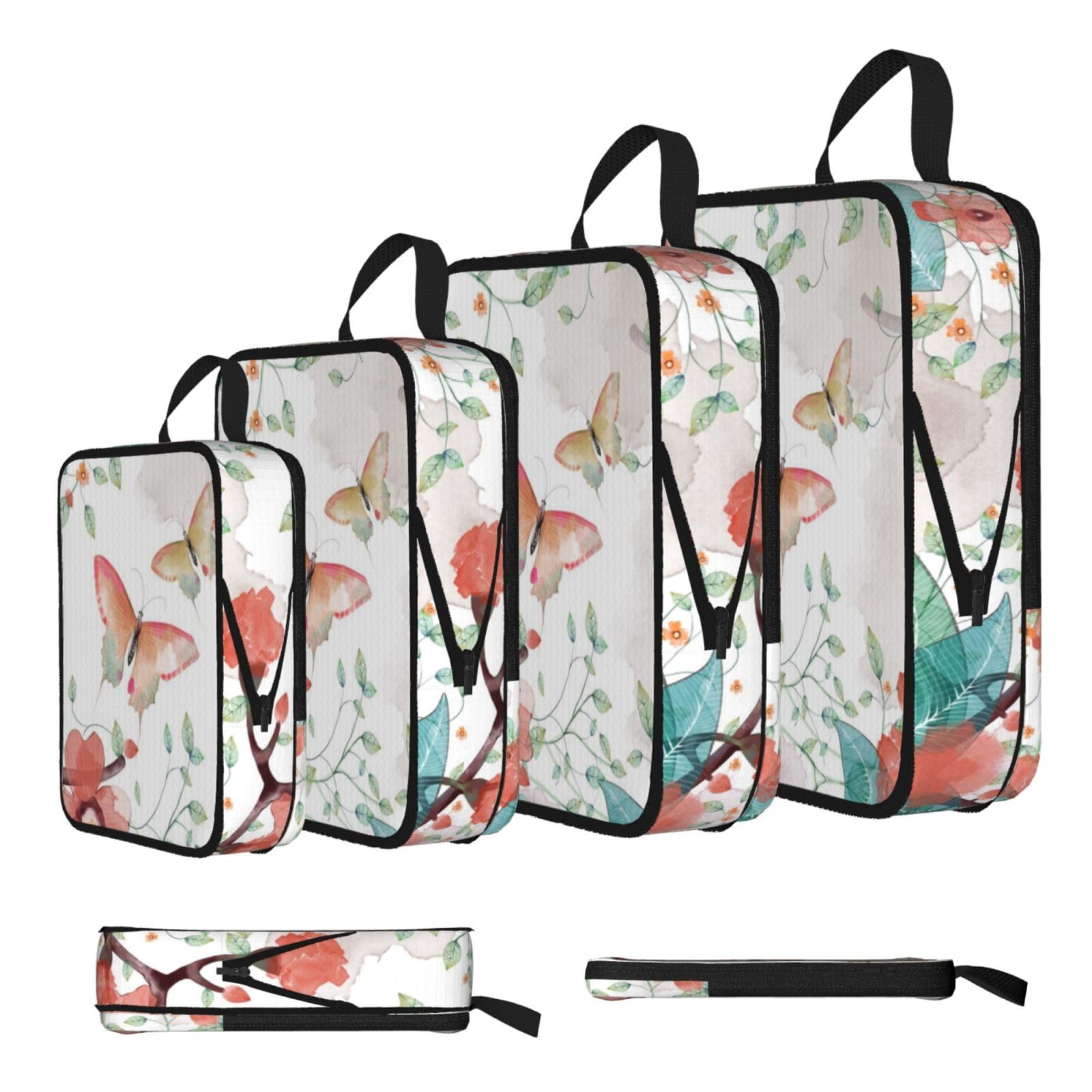 Esnaiuvcd Black Butterfly And Flowers Print 4 Set Compression Packing Cubes For Suitcases,Expandable Storage Bags Organizers