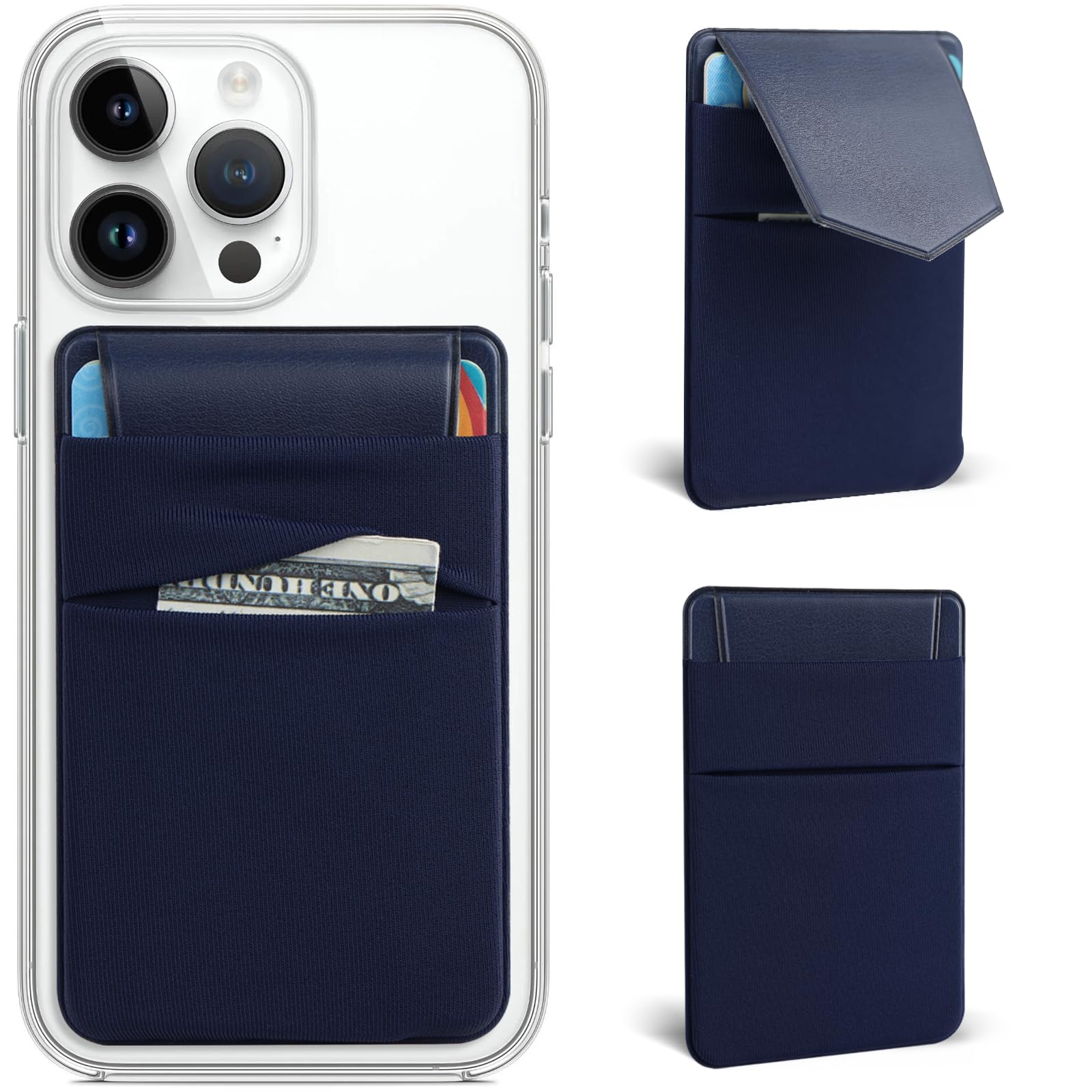 Phone Wallet Stick on,2Pack Phone Card Holder for Back of Phone  Case,Stretchy Double Pocket Credit/ID Card Adhesive Sticker with Top  Flap-Navy Blue