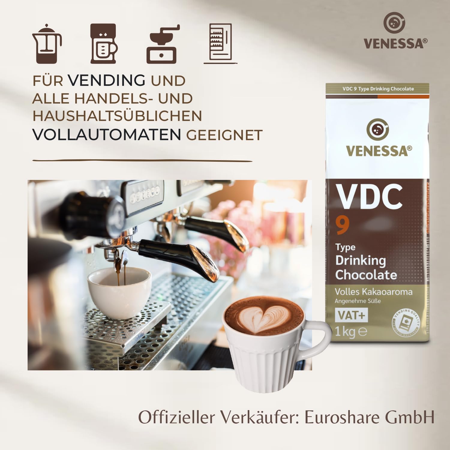 VENESSA VDC9 czekolada do picia 2 x 1 kg – opakowanie próbne – kakao w proszku z 9% kakao premium i zawartością mleka do automatu do gorących napojów – rozpuszczalna, lekko słodka, kremowa