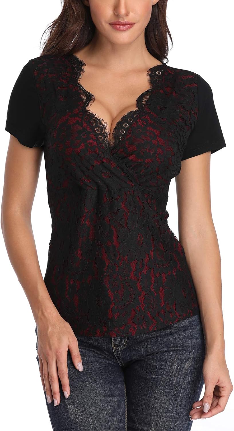 MISS MOLY Women's Scallop V Neck Sexy Sleeveless Lace Tank Top Elegant Slim Fit Summer Tops Blouse Shirts