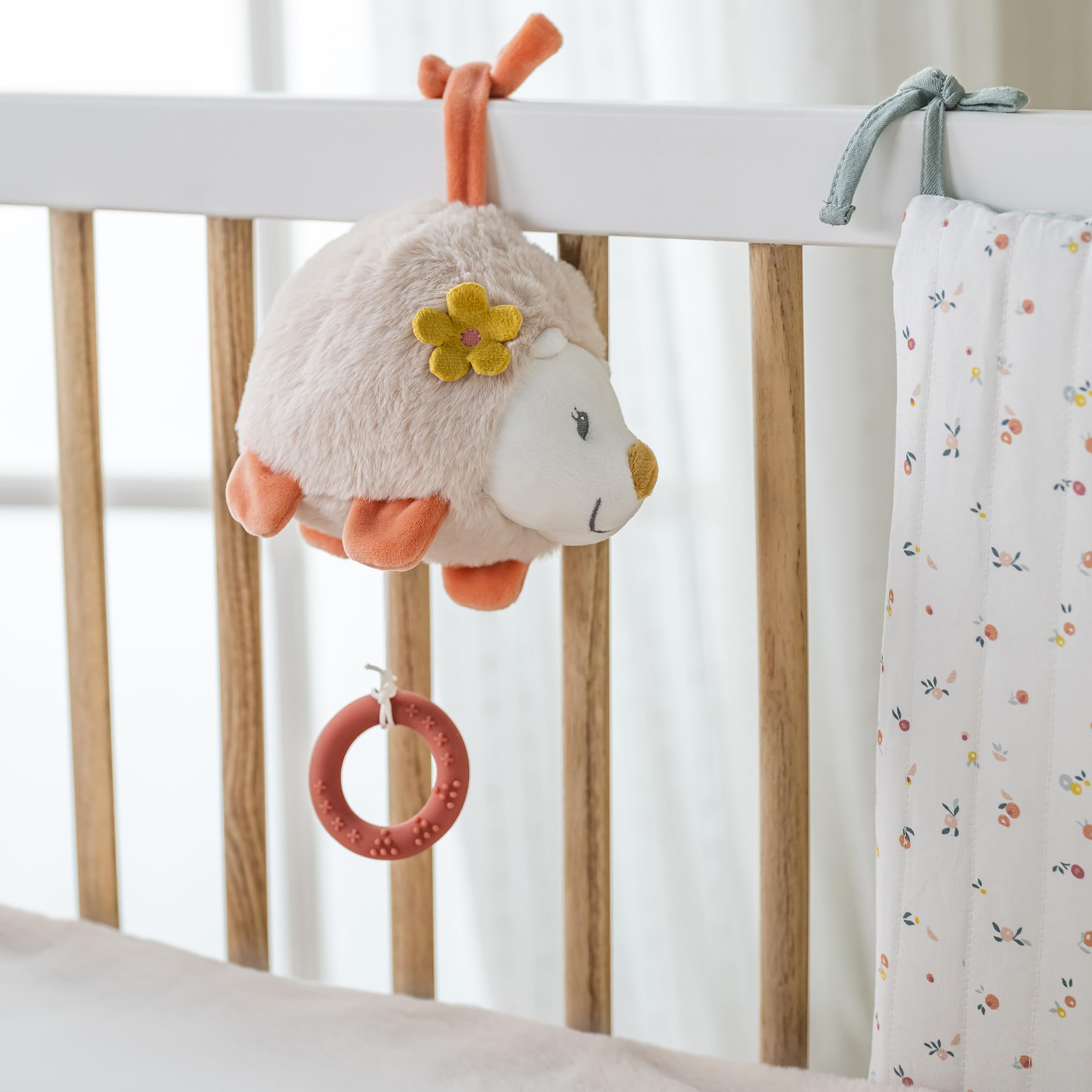 Nattou Mini-Peluche con Attività, Cotone e Velour, Con Musica e Anello da Dentizione in Silicone, Riccio Zoe, Largo ca. 17 cm, Mila, Zoe e Lana, Beige