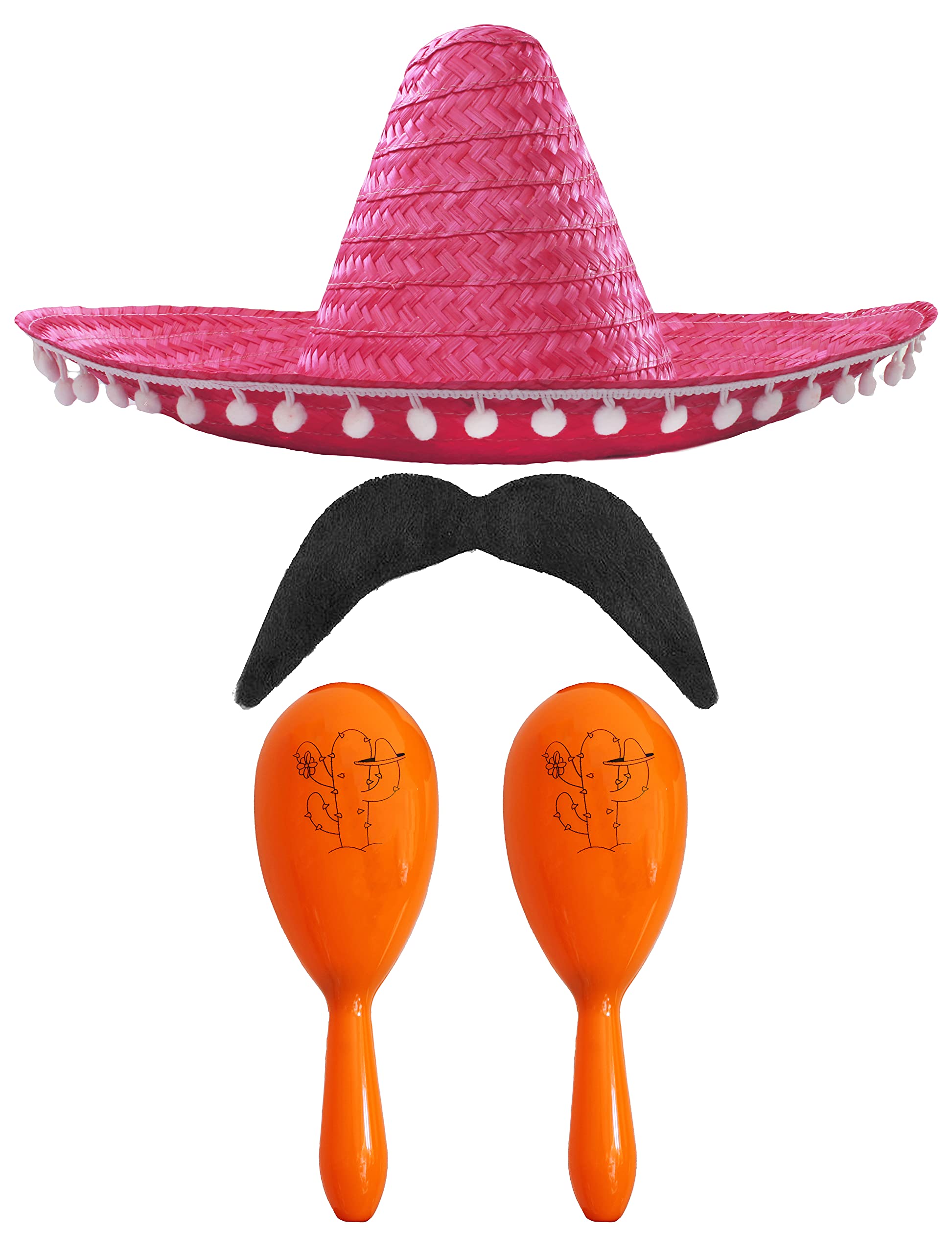 Adults Mexican Accessory Set - Natural Mexican Sombrero, Orange Maracas, Moustache - Mexican Cinco de Mayo Sensorita Bandit Mariachi Fancy Dress Costume Accessory Set โ image 1