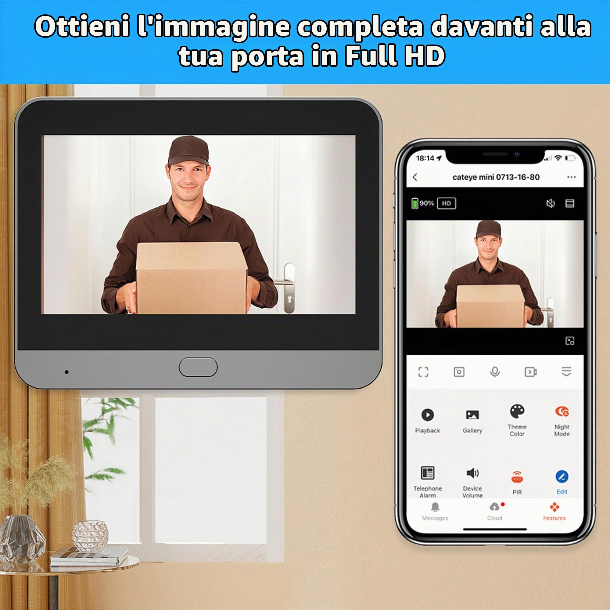 Bewinner Videocitofono Wireless, WiFis Spioncino per Porta Videocitofono Videocitofono 1080P, Videocitofono 4,3 Pollici Videocitofono Digitale con Rilevamento Movimento PIR,