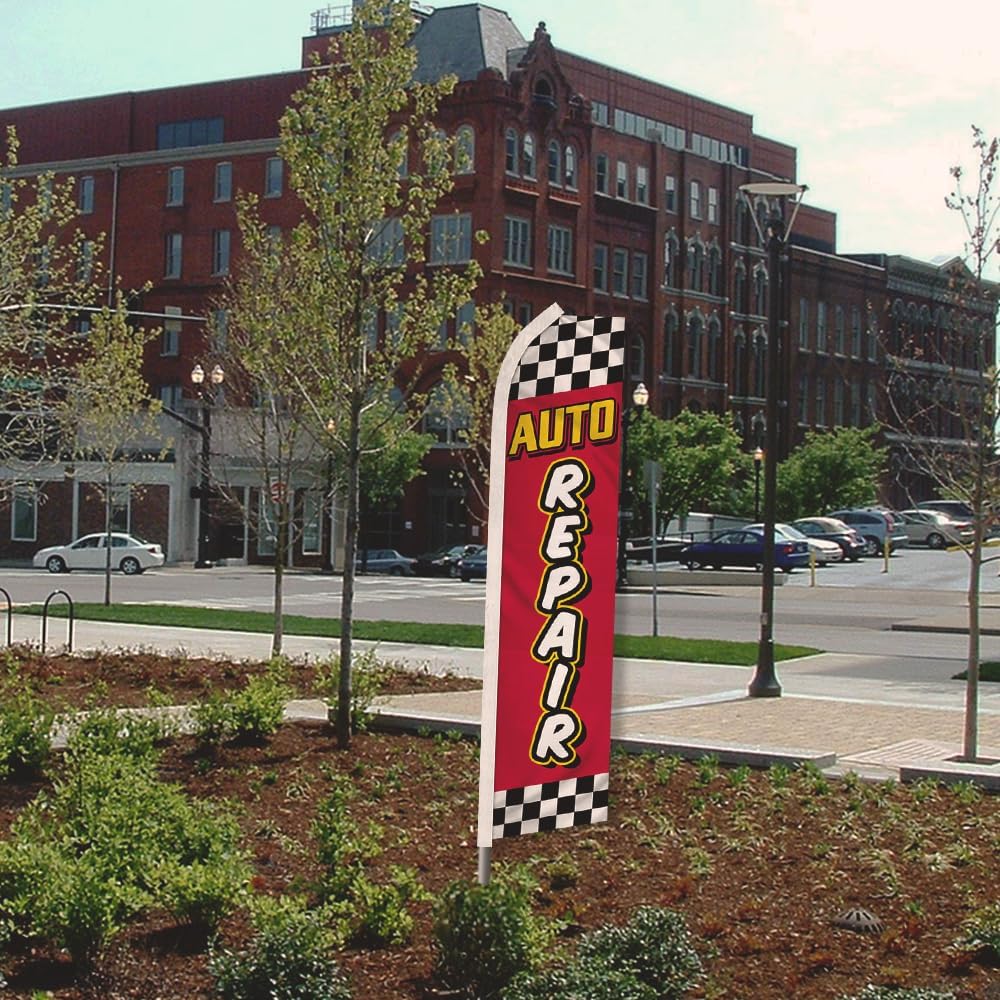 Auto Repair Red & Yellow Swooper Advertising Flag & Pole Kit - Perfect for Performance Shops, Mechanics, Auto Repair, Tuning Shops