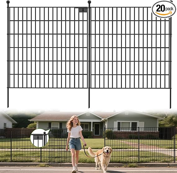 Land Guard 20 Panels No Dig Decorative Garden Fence with Gate for Yard, 30 in(H) x 50 ft(L) Removable Dog Fence Outdoor for Yard, Rustproof Metal Animal Barrier Ground Stakes