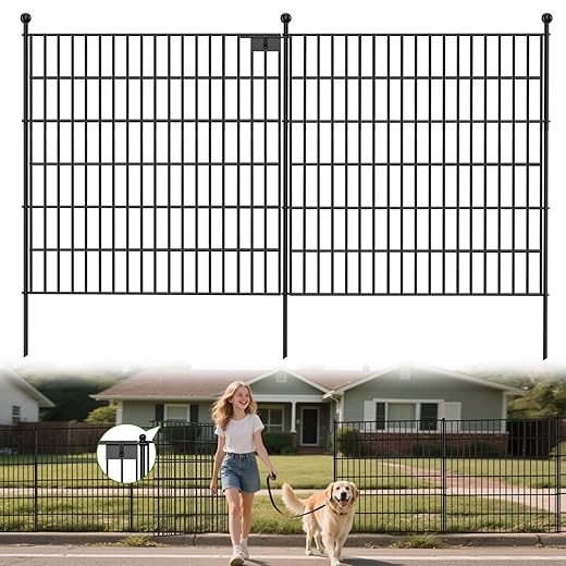 Land Guard 20 Panels No Dig Decorative Garden Fence with Gate for Yard, 30 in(H) x 50 ft(L) Removable Dog Fence Outdoor for Yard, Rustproof Metal Animal Barrier Ground Stakes