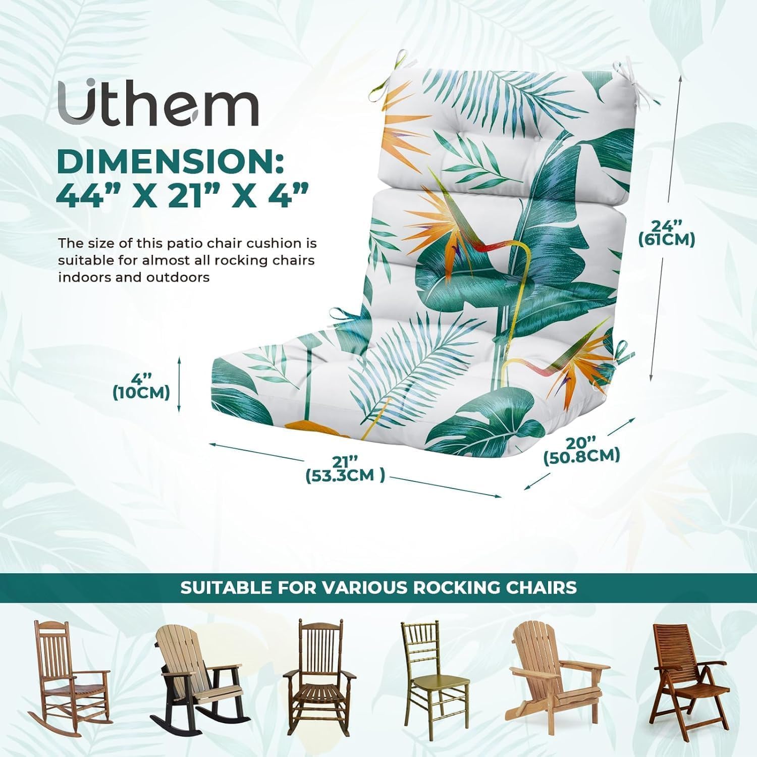 Rocking Chair Cushion, Waterproof Chairs Cushions for Adirondack Chairs Patio Chair High Back Thicked Cushions Outdoor and Indoor with Ties, Yellow Green Leaf