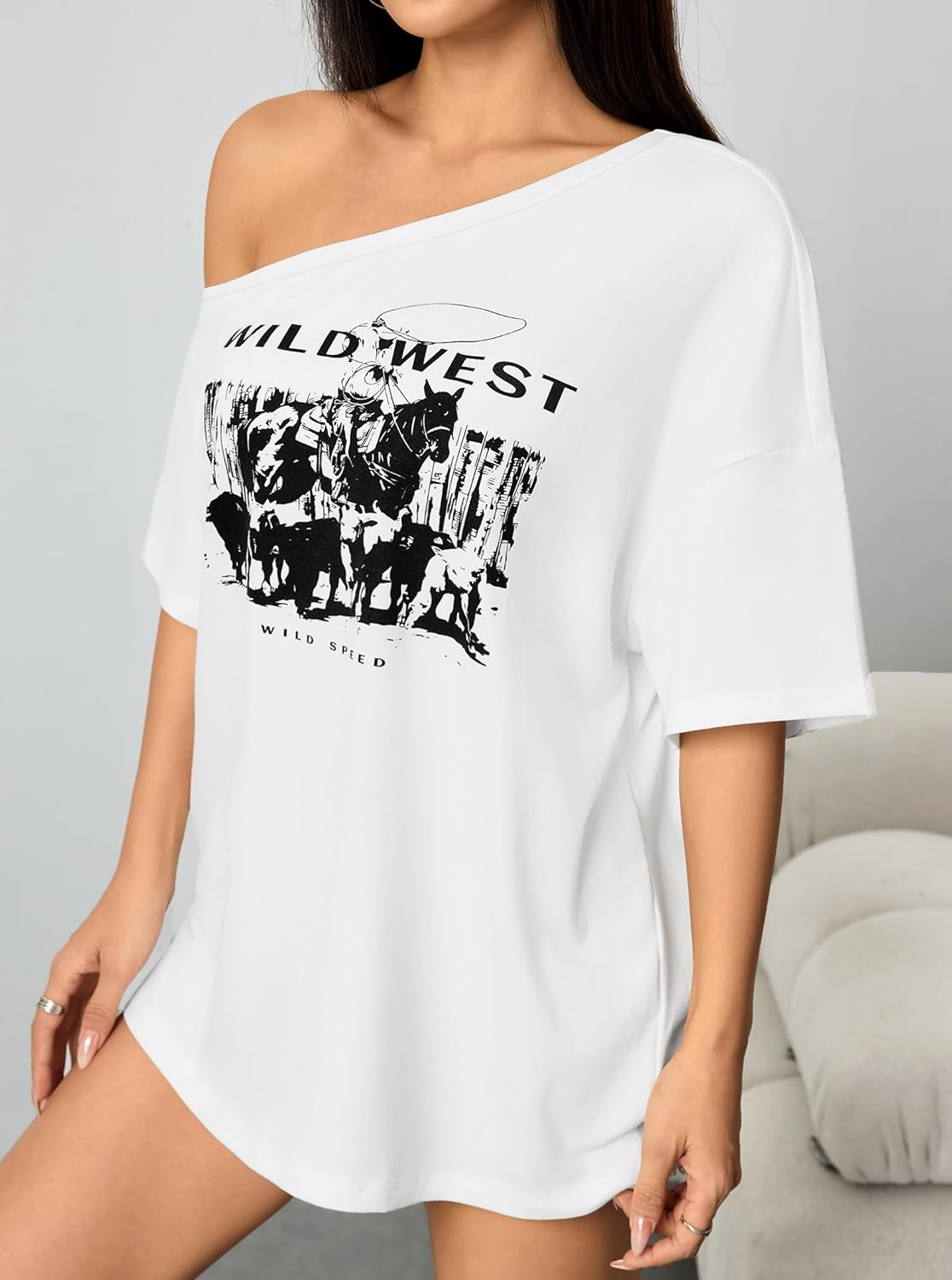 Hilinker Women's Graphic Off The Shoulder Tops Asymmetrical Short Sleeve Oversized T Shirts - Image 4