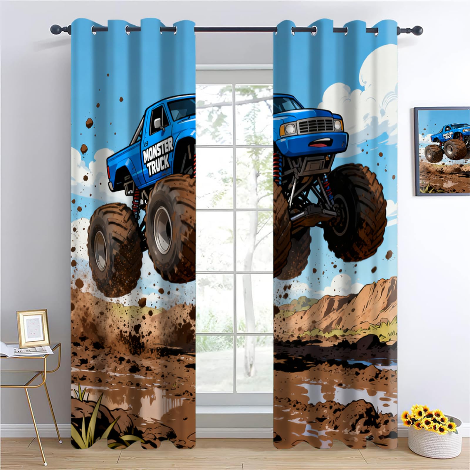 Monster Truck Chambre Rideau Occultant,Camion de Dessin animé Rideaux Oeillets,Bandes dessinées américaines Salon Draperies,d'illustration Panneaux de Rideaux intérieurs L132 x H214cm 2 Panneaux