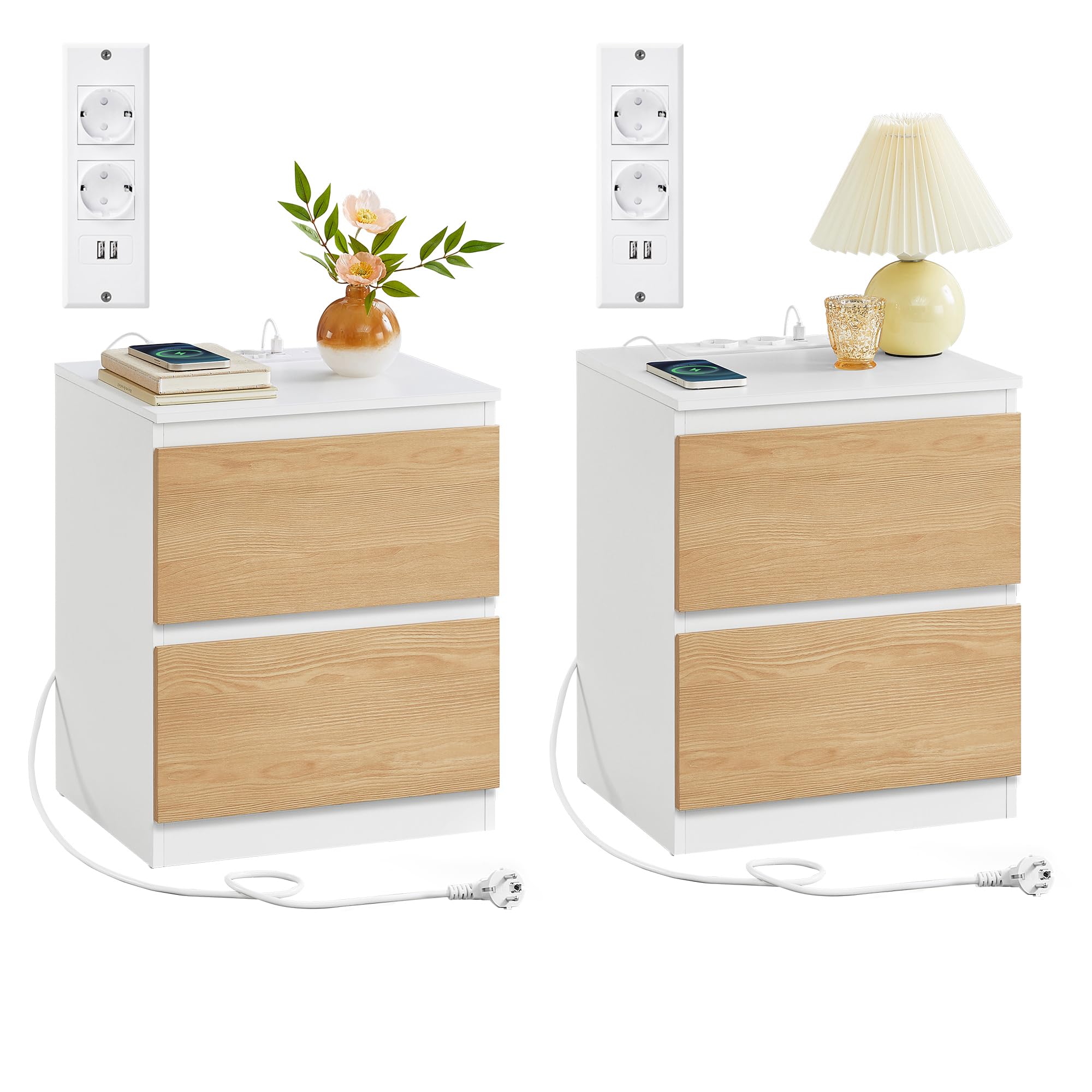 VASAGLE Kailyn Kollektion - Nachttisch mit Steckdosenleiste, 2er Set, Beistelltisch 2 Schubladen, 2 AC-Steckdosen, 2 USB-A-Anschlüsse, für Schlafzimmer, mandelgelb LET821Y02