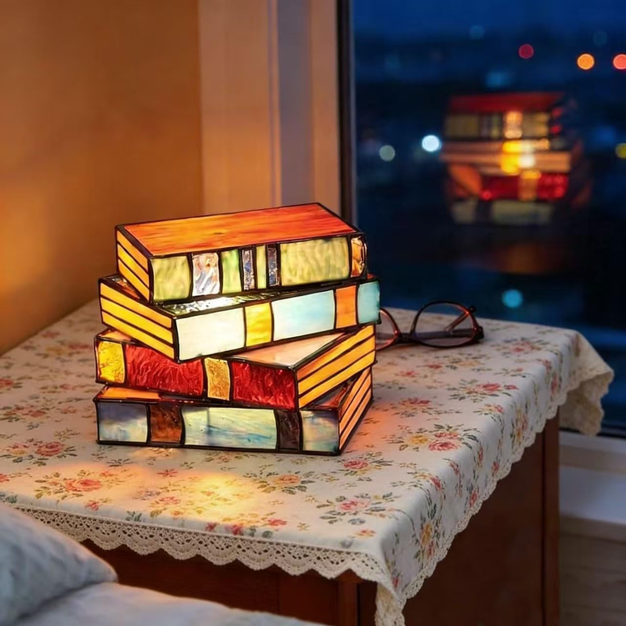 Stacked Books Lamp Home Decor Nightstand Table Lamp Glass Vintage Reading Book Lamp Stained Resin for Household Reading Light